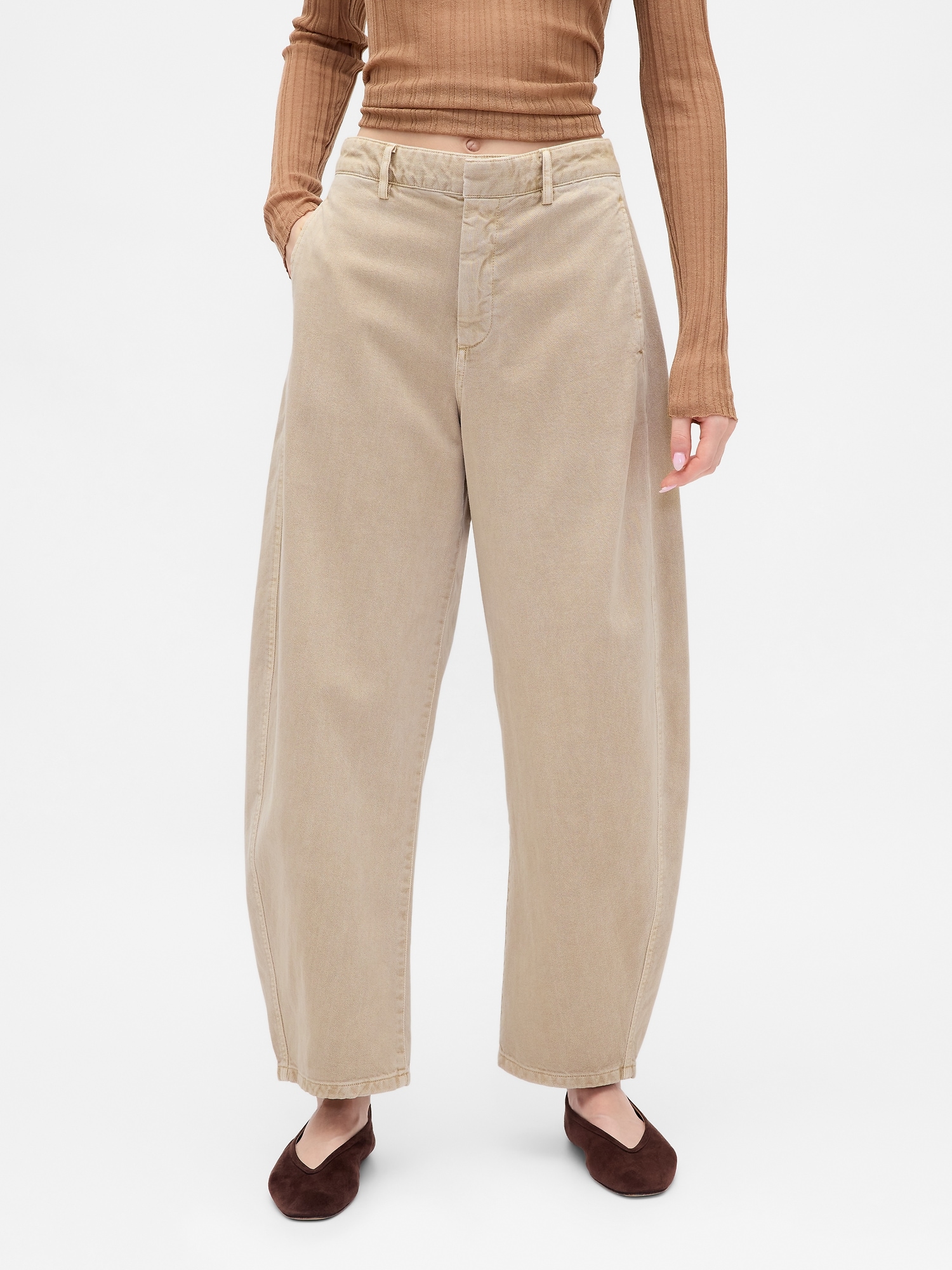 Mid Rise Twill Barrel Pants