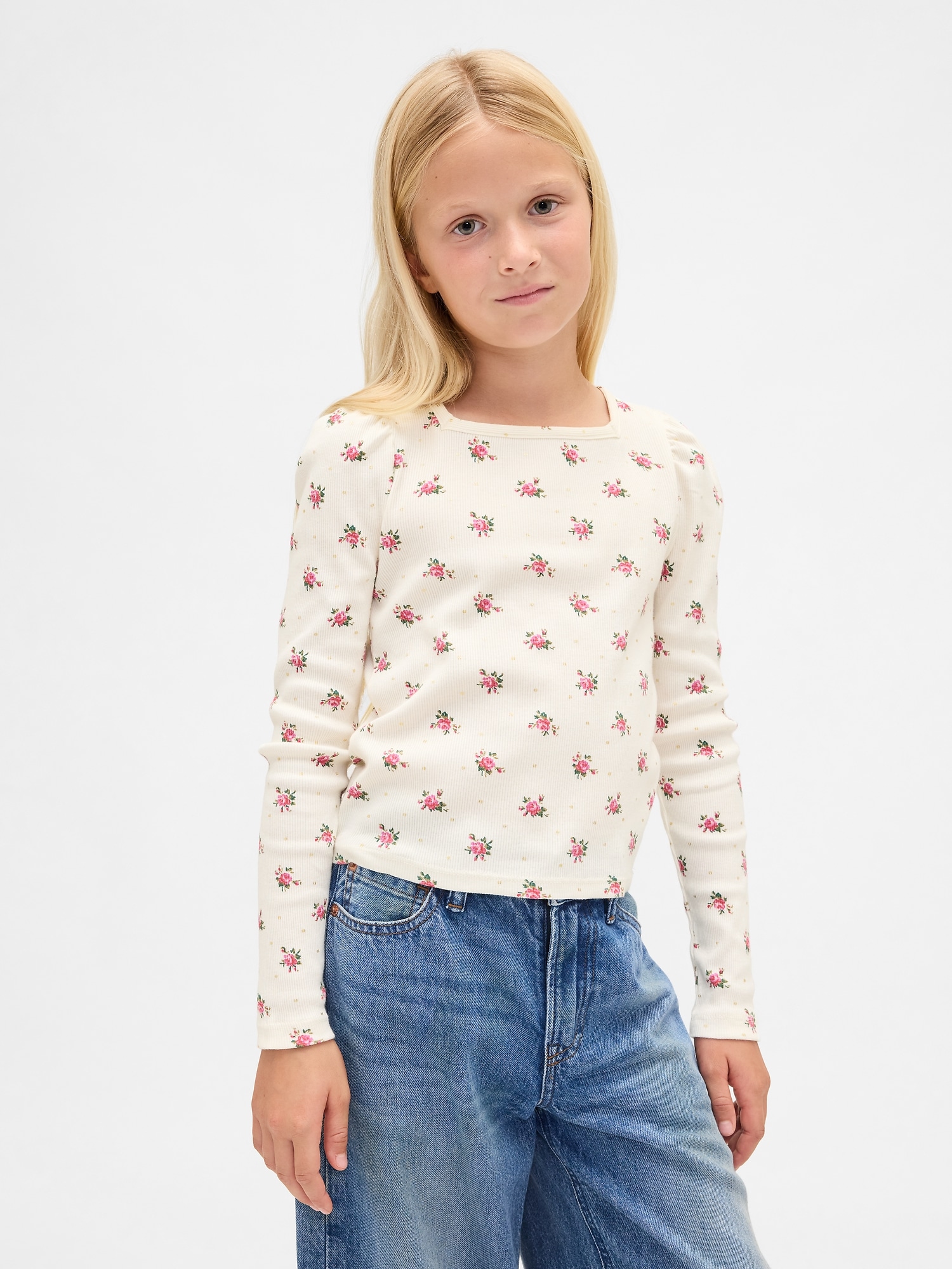 Kids Rib Puff-Sleeve Top - Ivory Frost