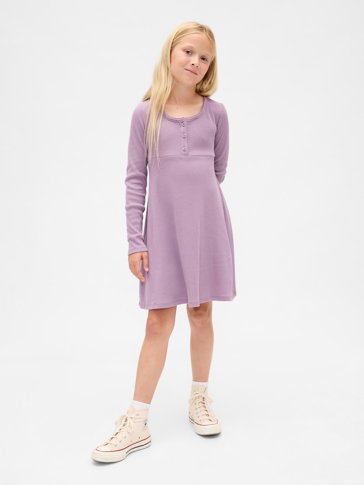 Kids Rib Henley Dress - Purple