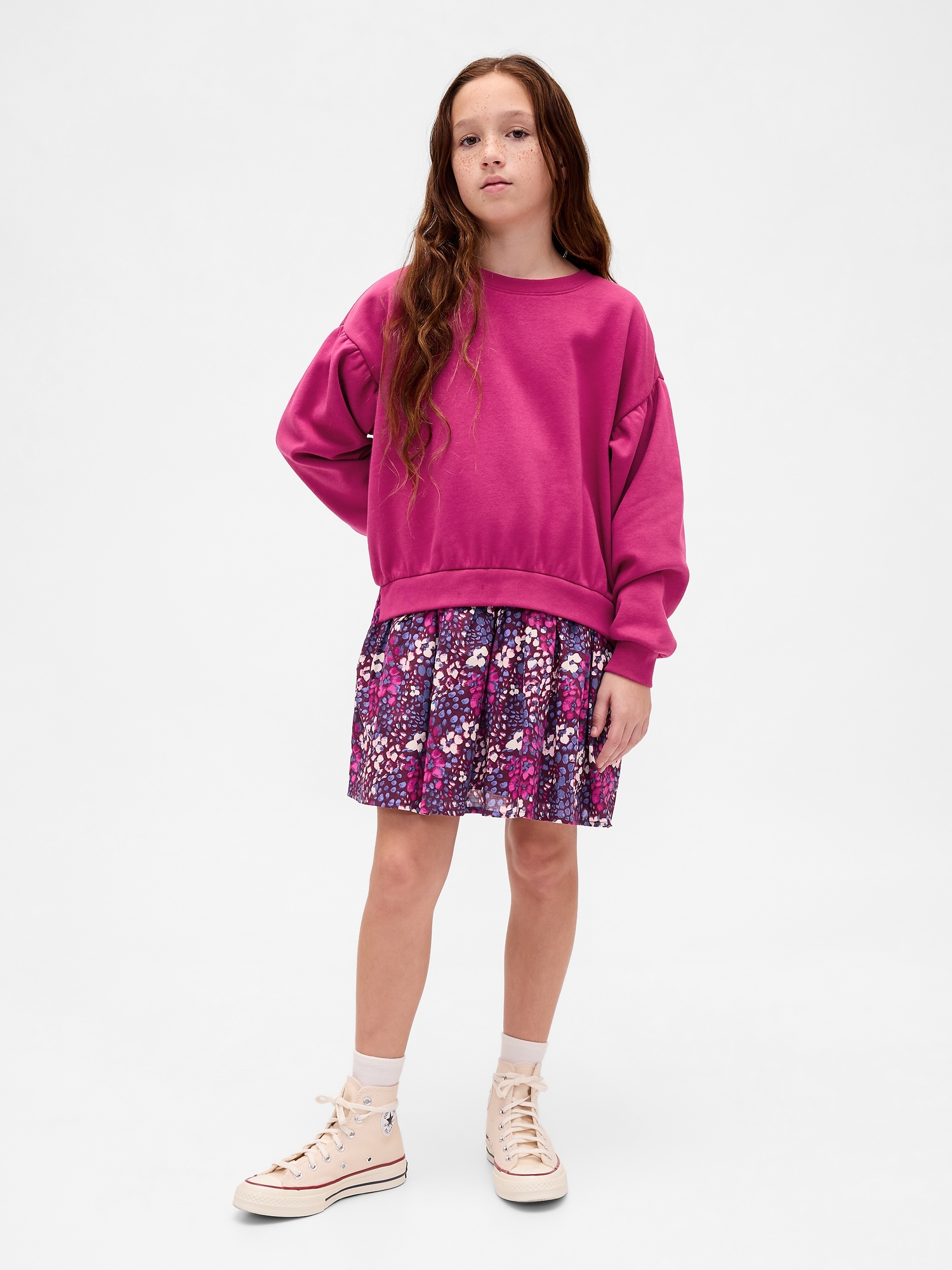 Kids VintageSoft Pleated Sweatshirt Dress - Cerise