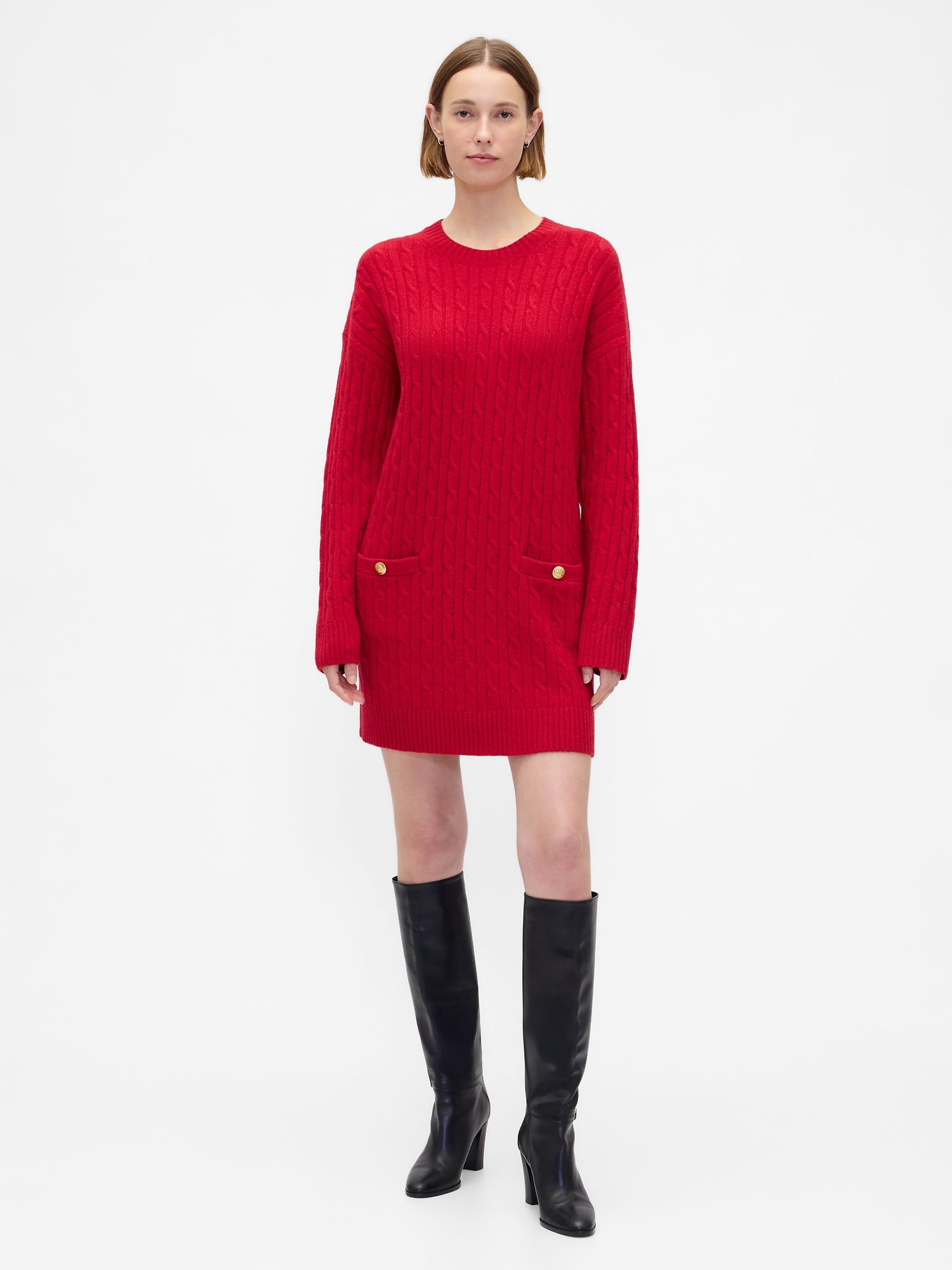 CashSoft Cable-Knit Mini Sweater Dress - Modern Red