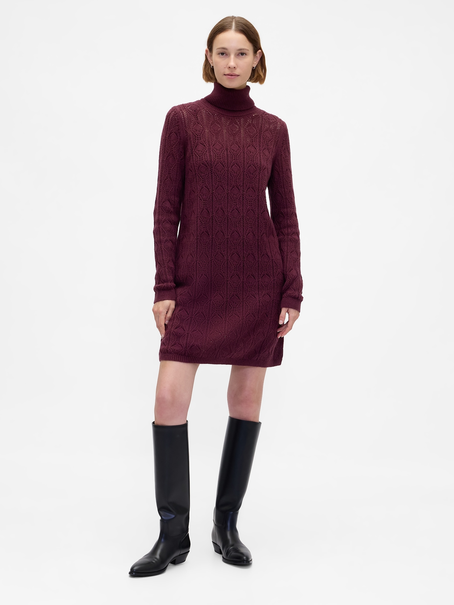 CashSoft Pointelle Turtleneck Sweater Dress - Bordeaux Burgundy