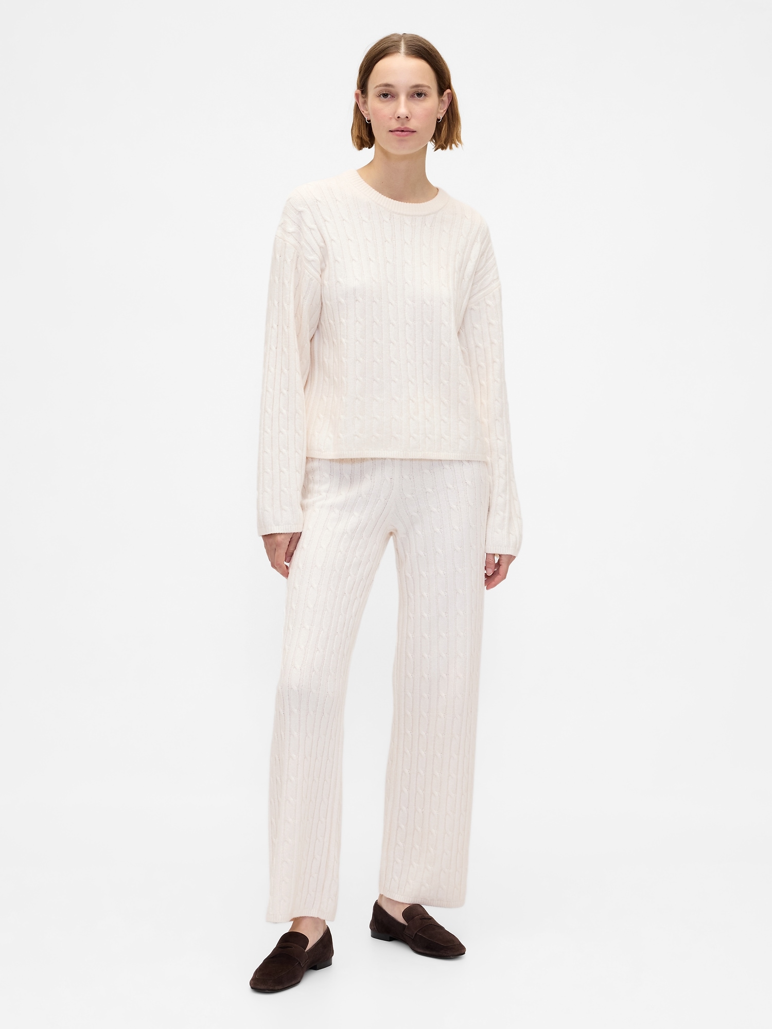 CashSoft Cable-Knit Sweater Pants - Ivory Beige Frost