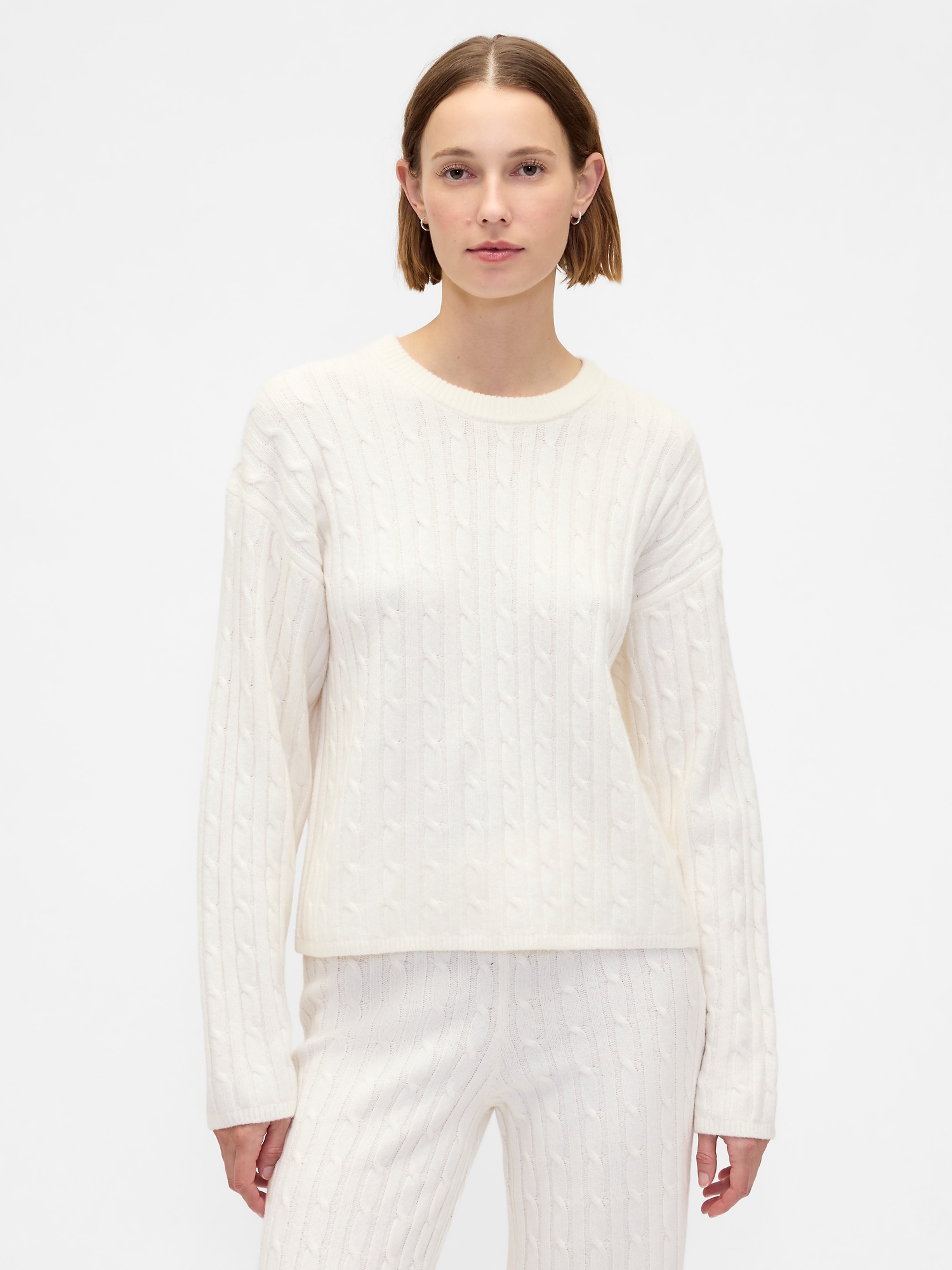 CashSoft Cable-Knit Crewneck Sweater - Ivory Beige Frost