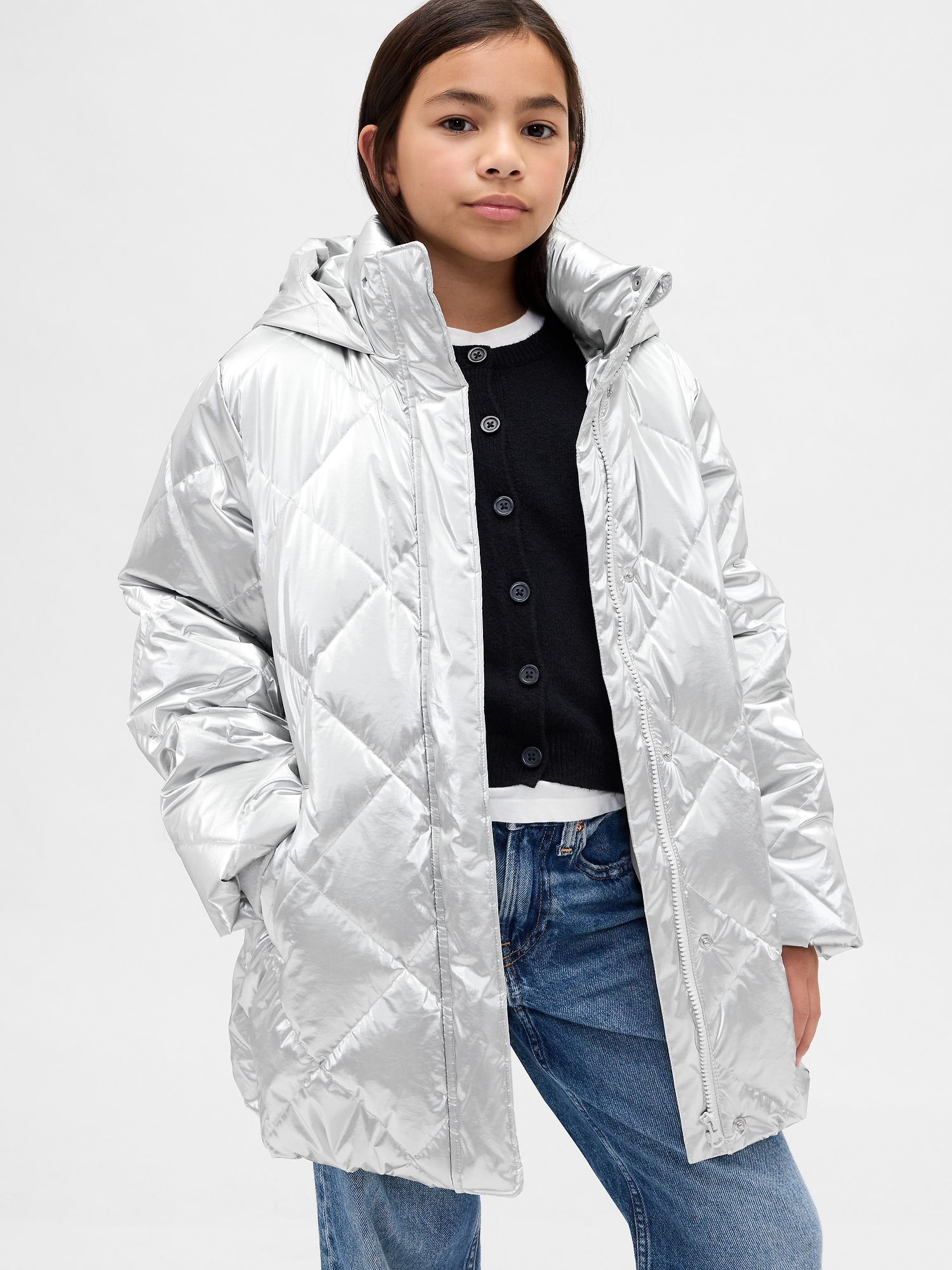Kids Quilted Puffer Coat - Silver