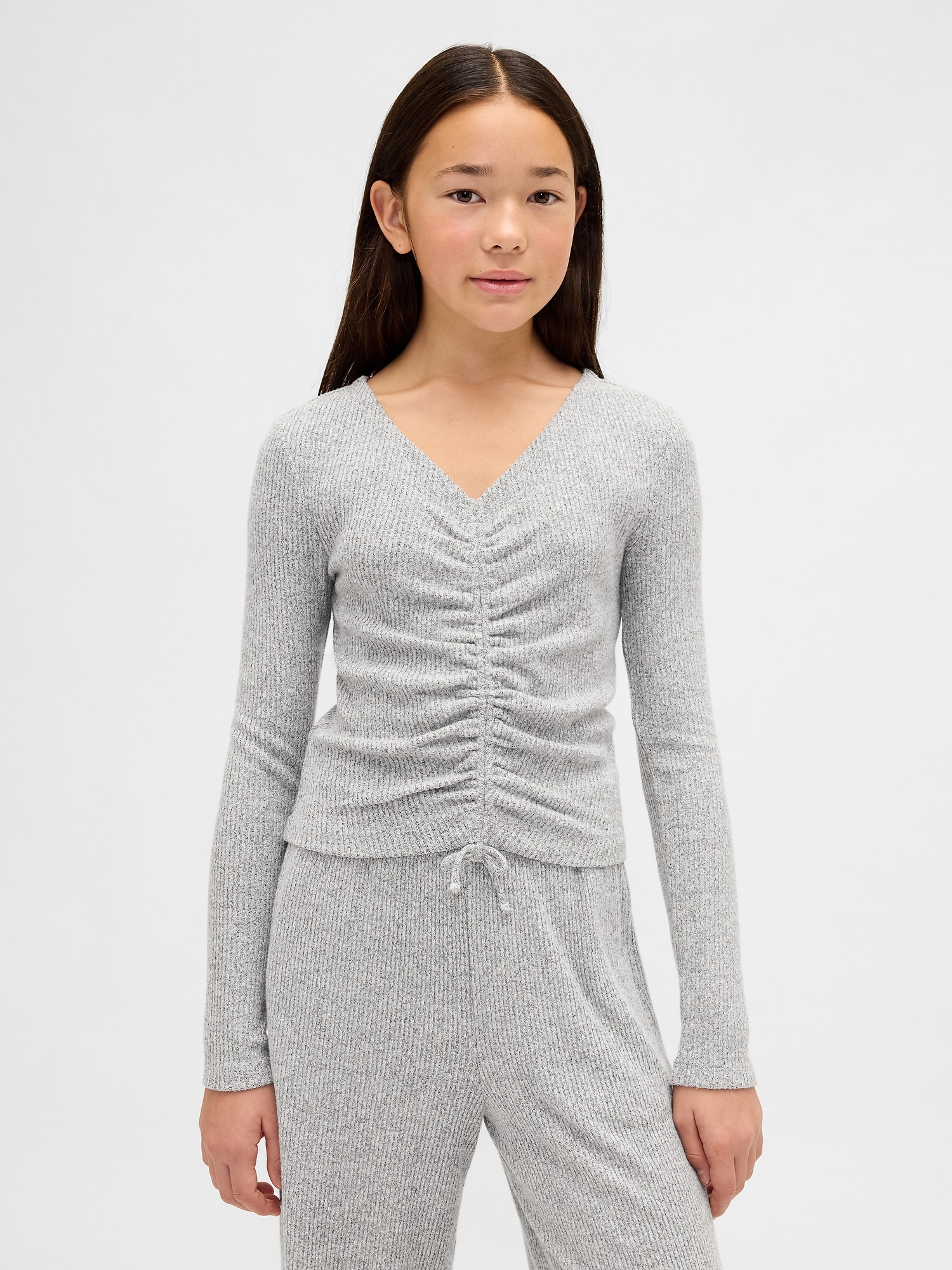 Kids Softspun Rib Ruched Top - Heather Grey
