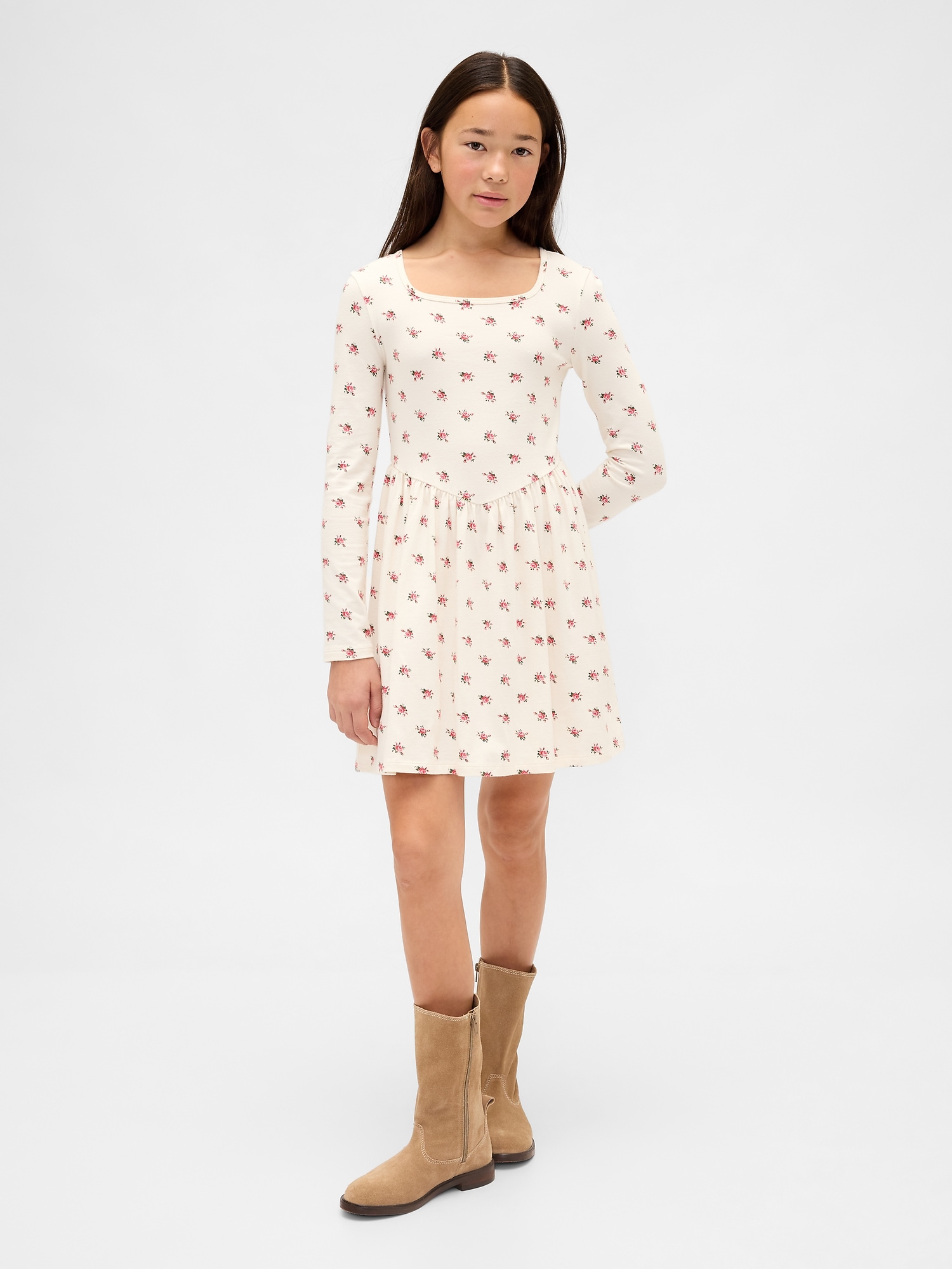 Kids Square-Neck Dress - White Floral Print
