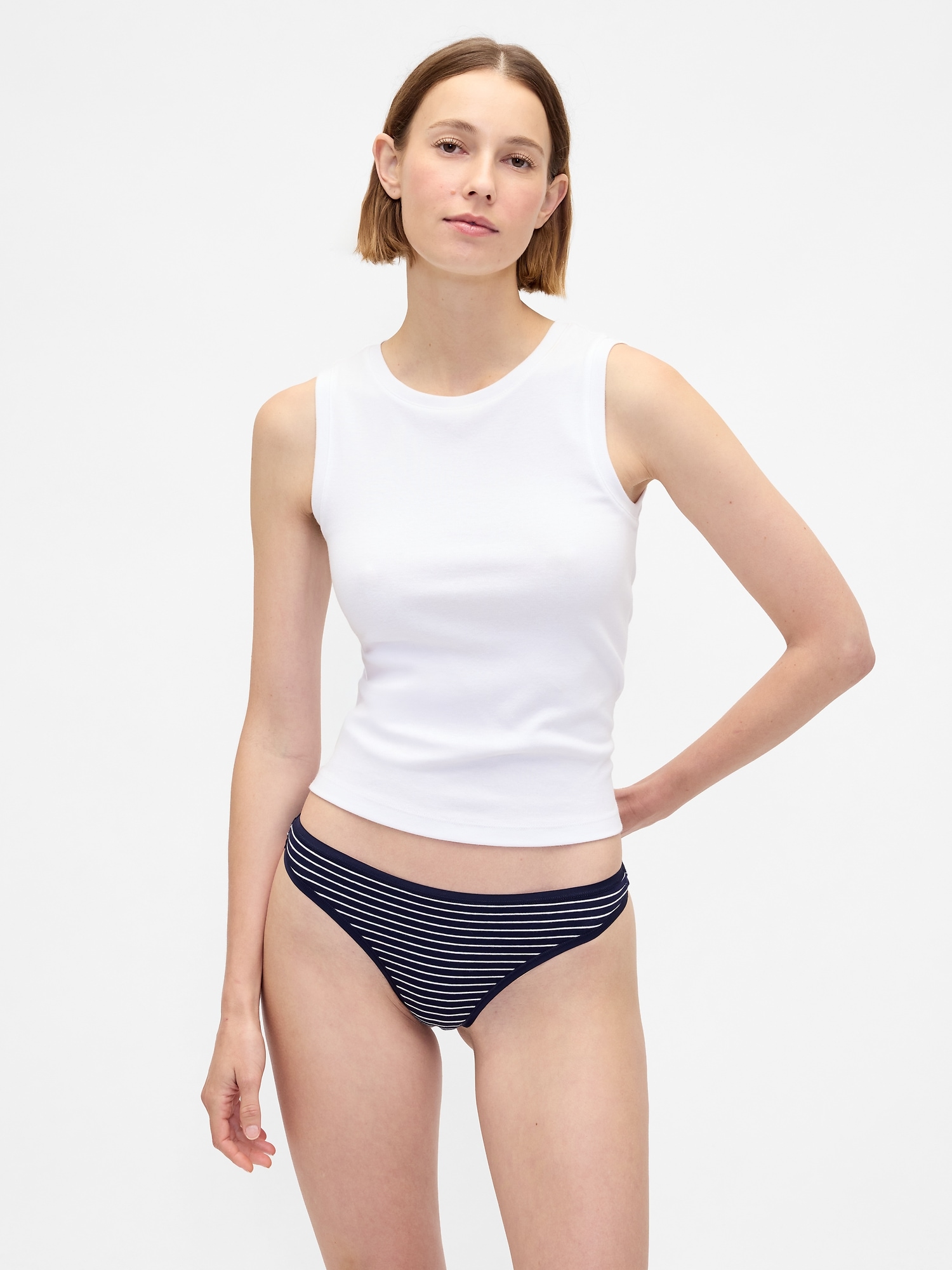 Organic Stretch Cotton Thong - Navy Blue Stripe