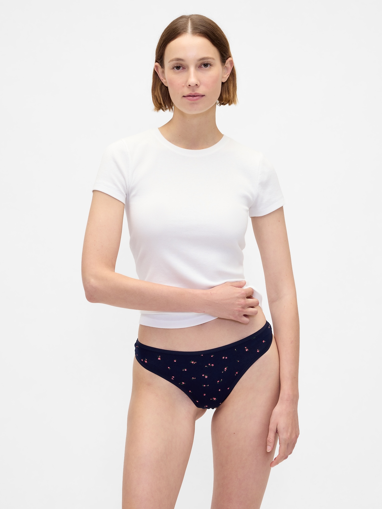 Organic Stretch Cotton Thong - Navy Blue Ditsy Floral