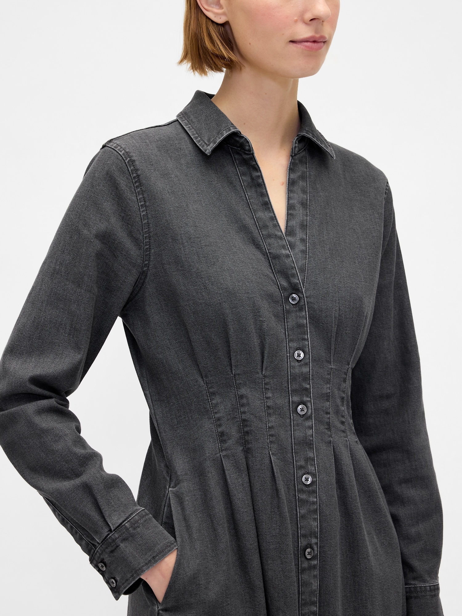 Denim Pintuck Button-Front Maxi Dress