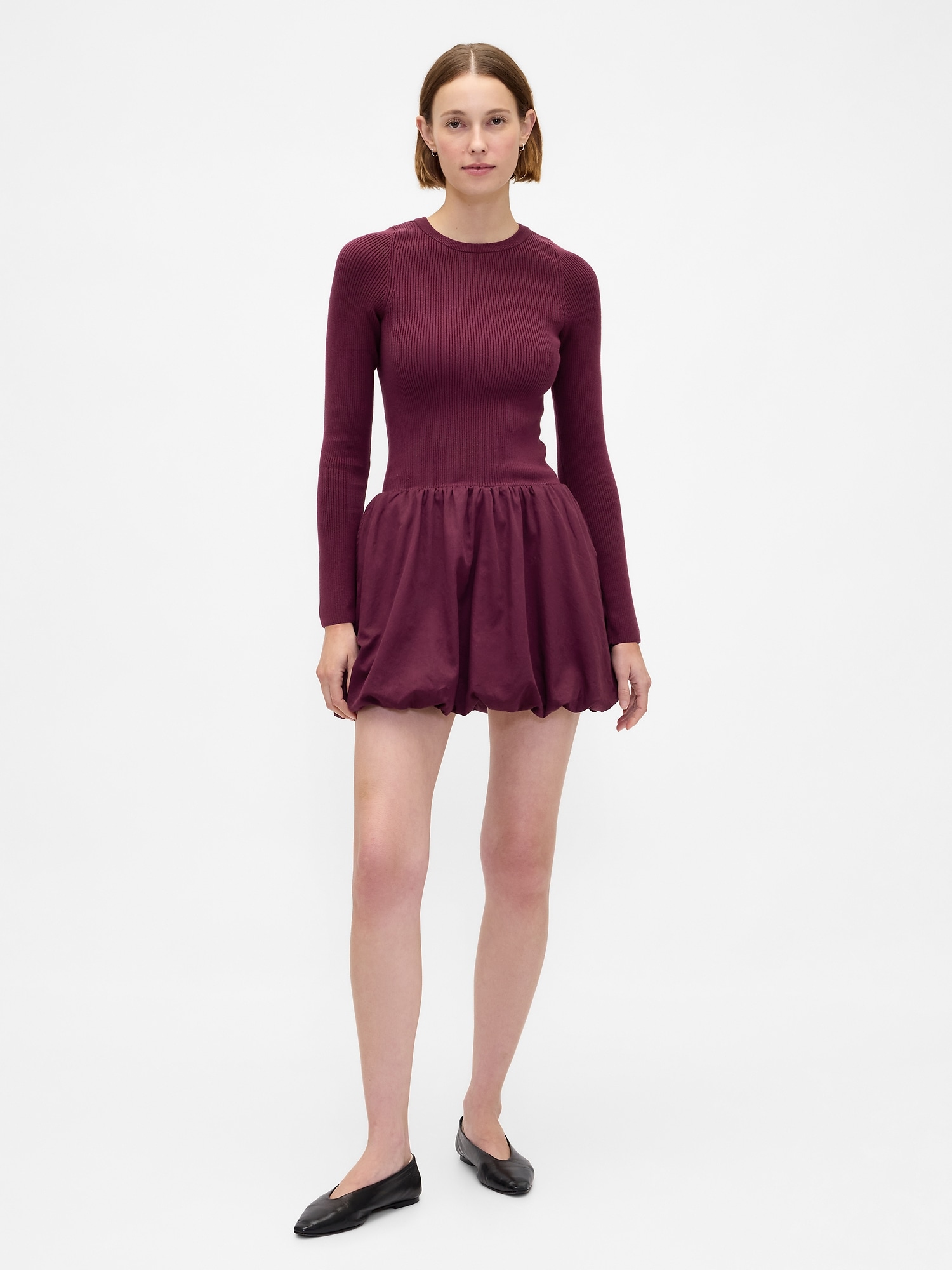 Gap Mixed Media Bubble Mini Dress In Burgundy