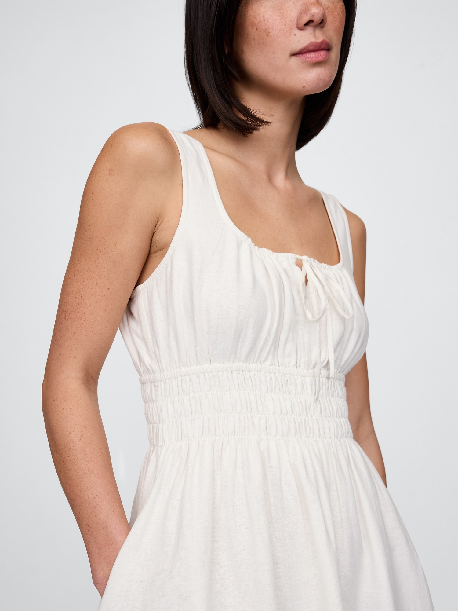 Linen-Blend Smocked Mini Dress