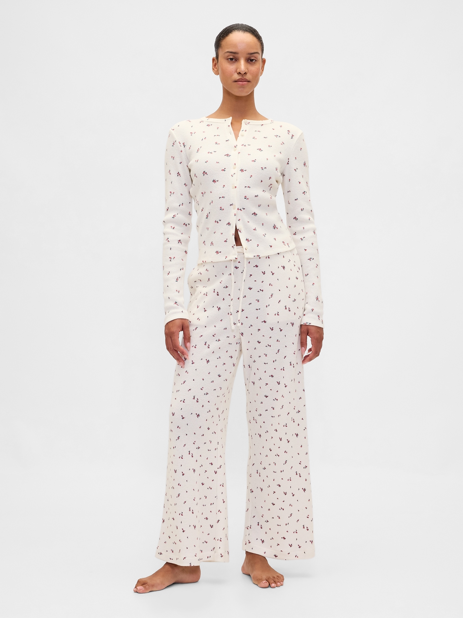 Waffle Wide-Leg PJ Pants - White Ditsy Floral