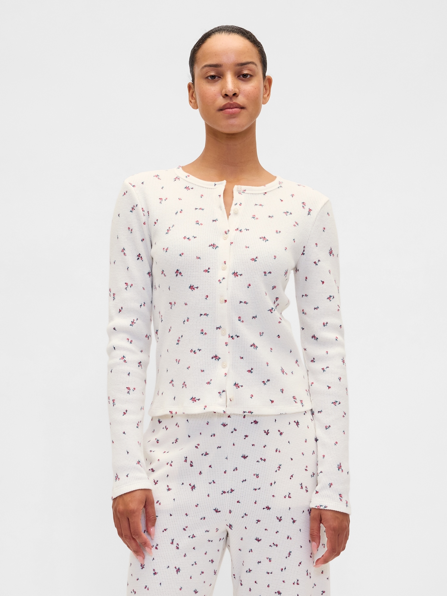 Waffle PJ Cardigan - White Ditsy Floral