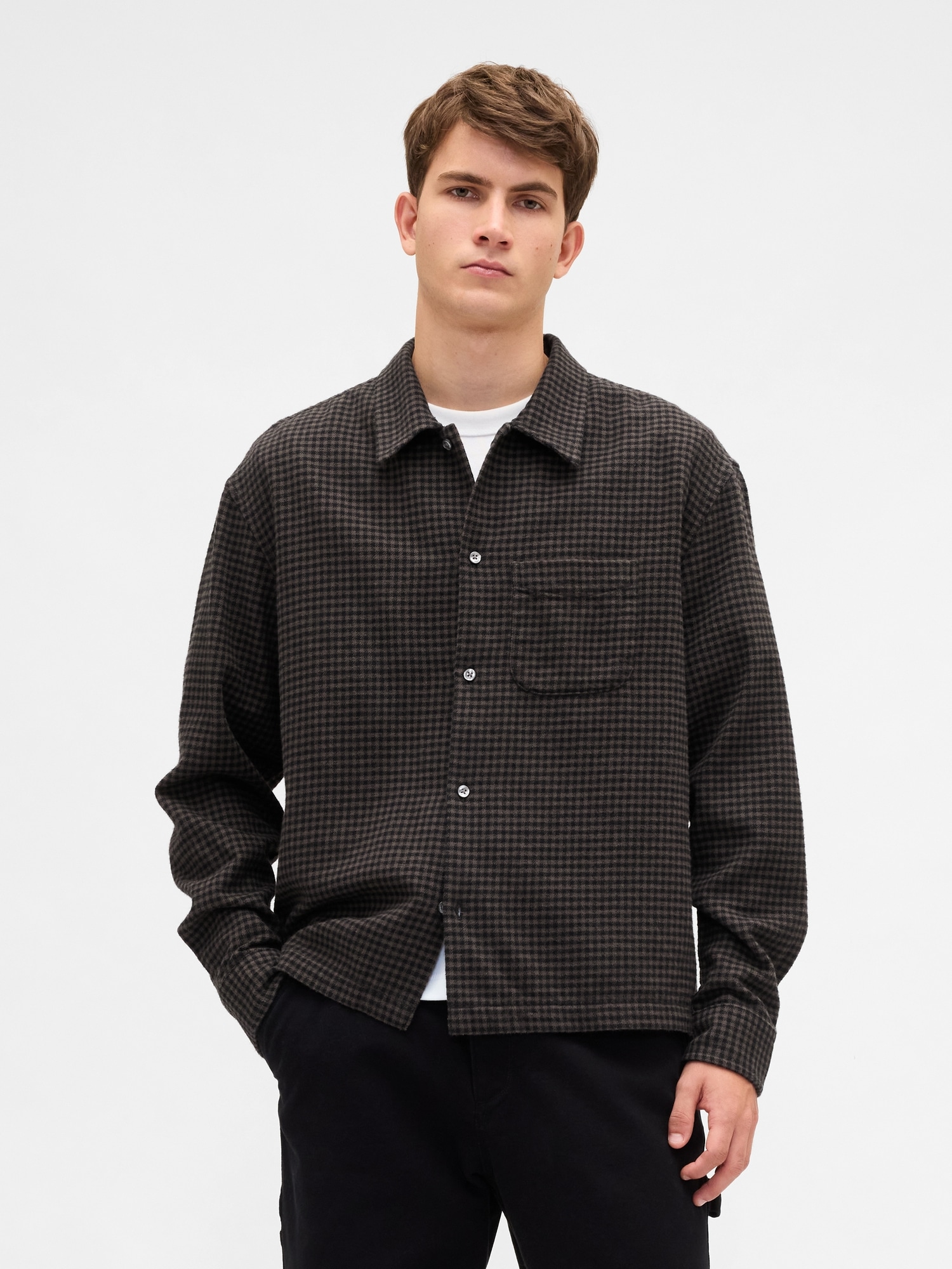 Organic Cotton Relaxed Flannel Shirt - Cropped Dark Green