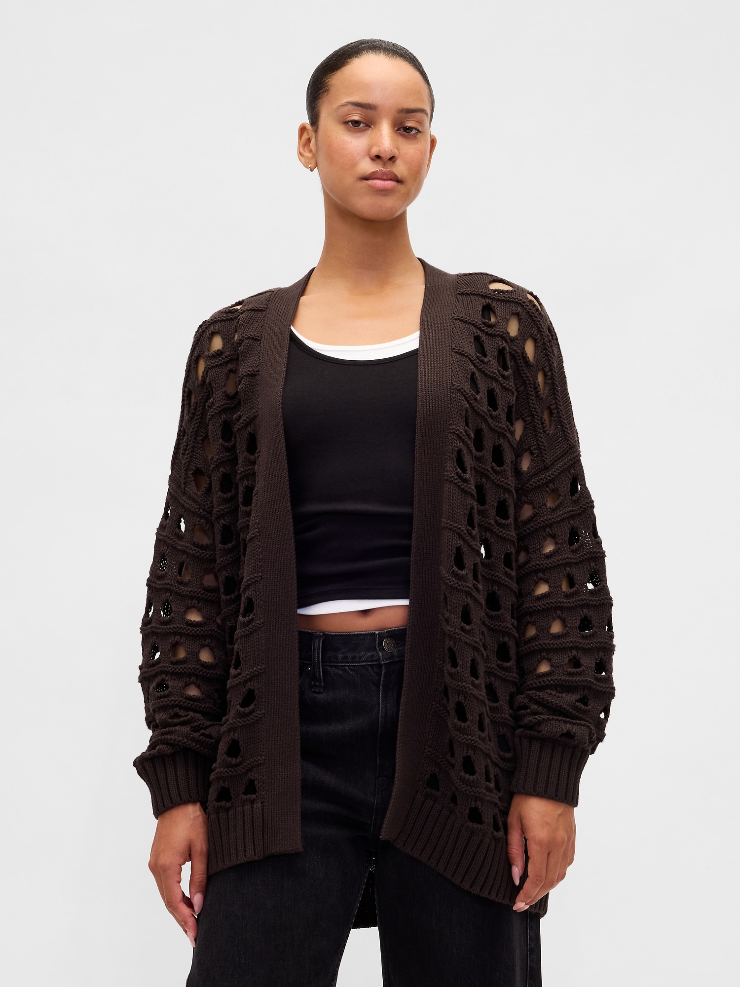 100% Cotton Oversized Pointelle Cardigan - Terra Brown