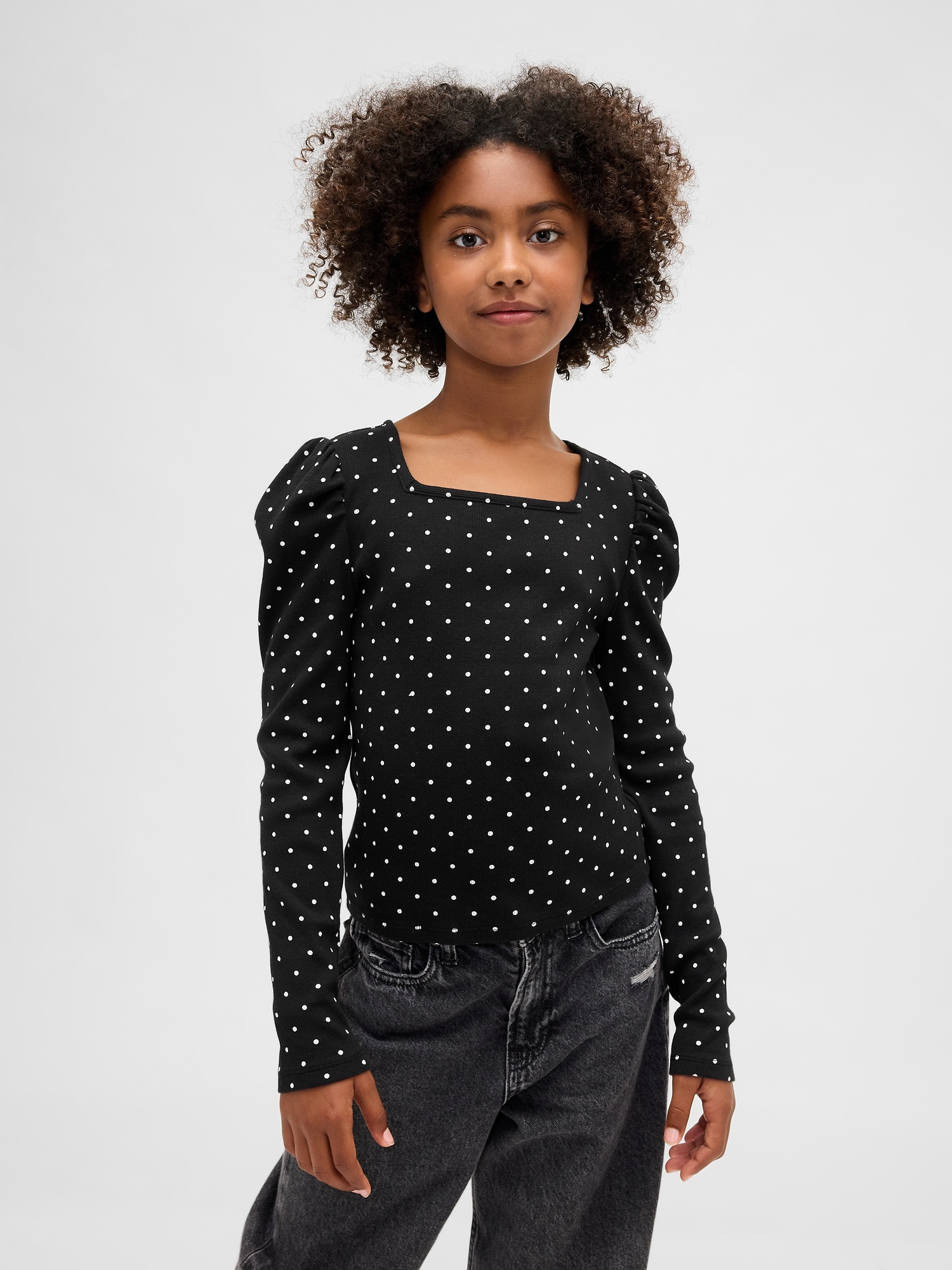Kids Rib Puff-Sleeve Top - Black White Dot