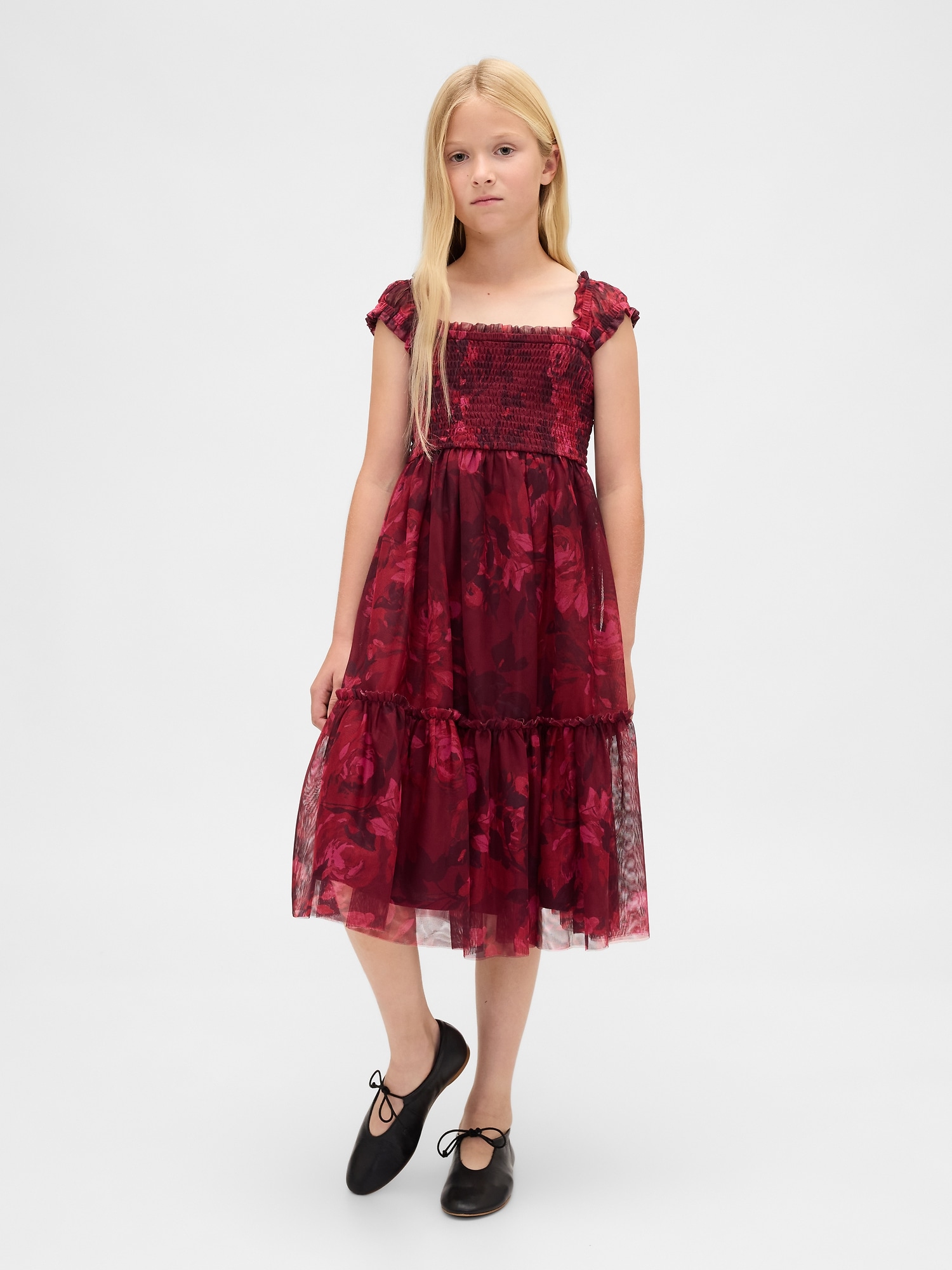 Kids Tulle Cap-Sleeve Midi Dress - Pink Floral