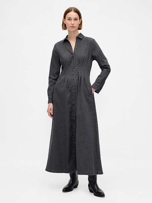Image number 1 showing, Denim Pintuck Button-Front Maxi Dress