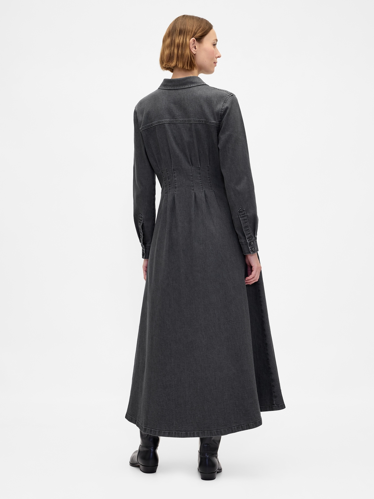 Denim Pintuck Button-Front Maxi Dress