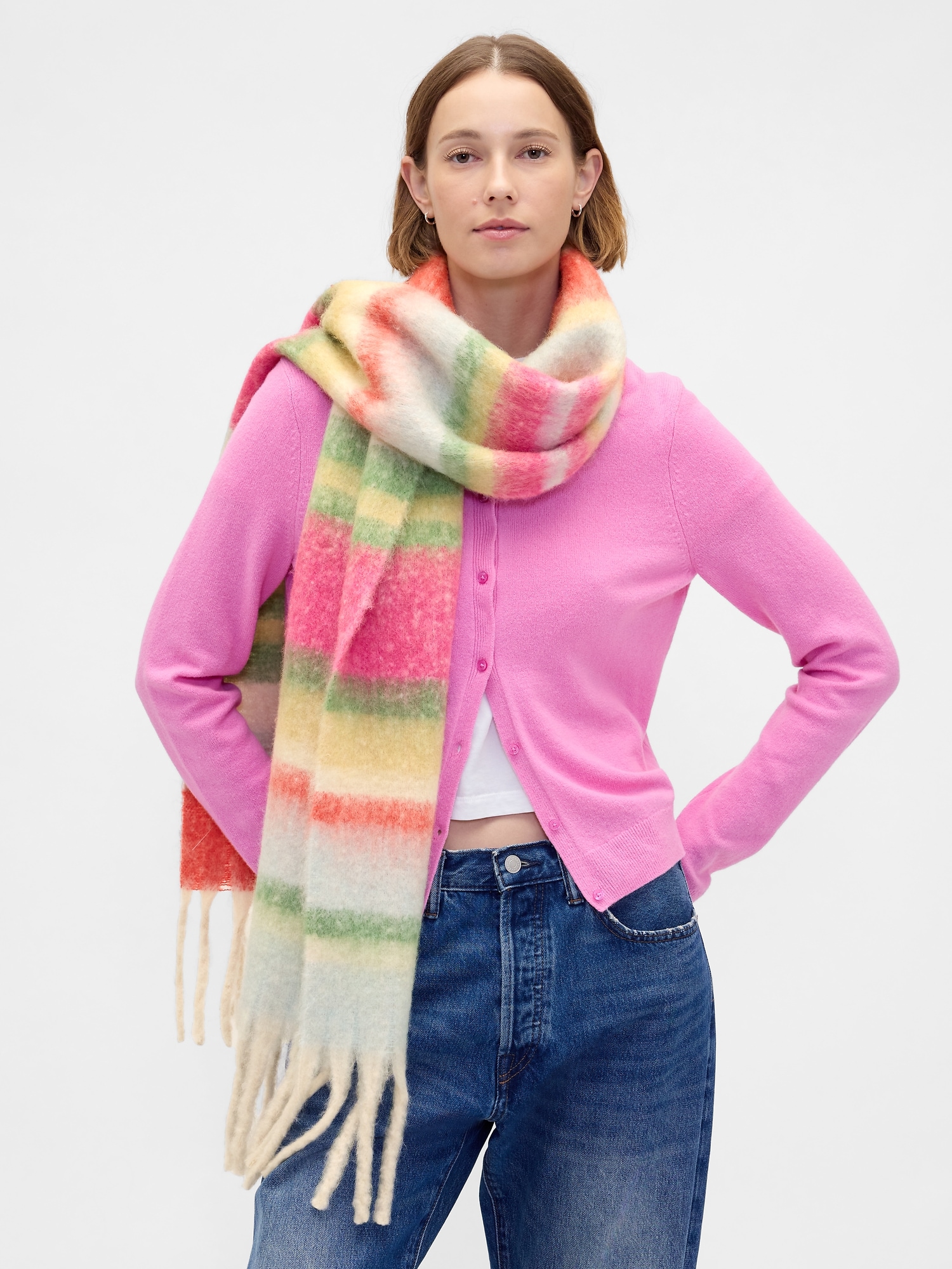 Brushed Fringe Scarf - Multi Color Happy Stripe