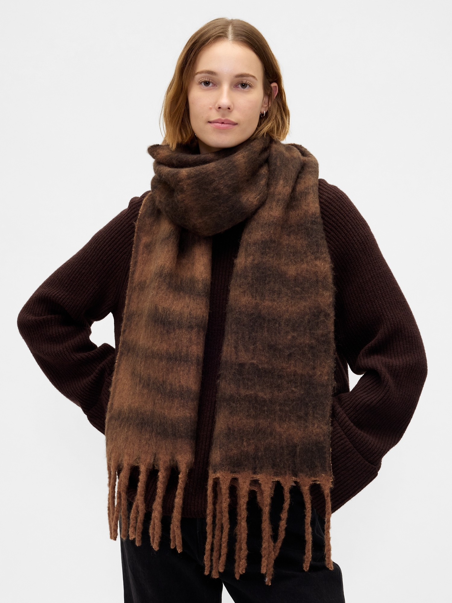 Brushed Fringe Scarf - Tiger Print