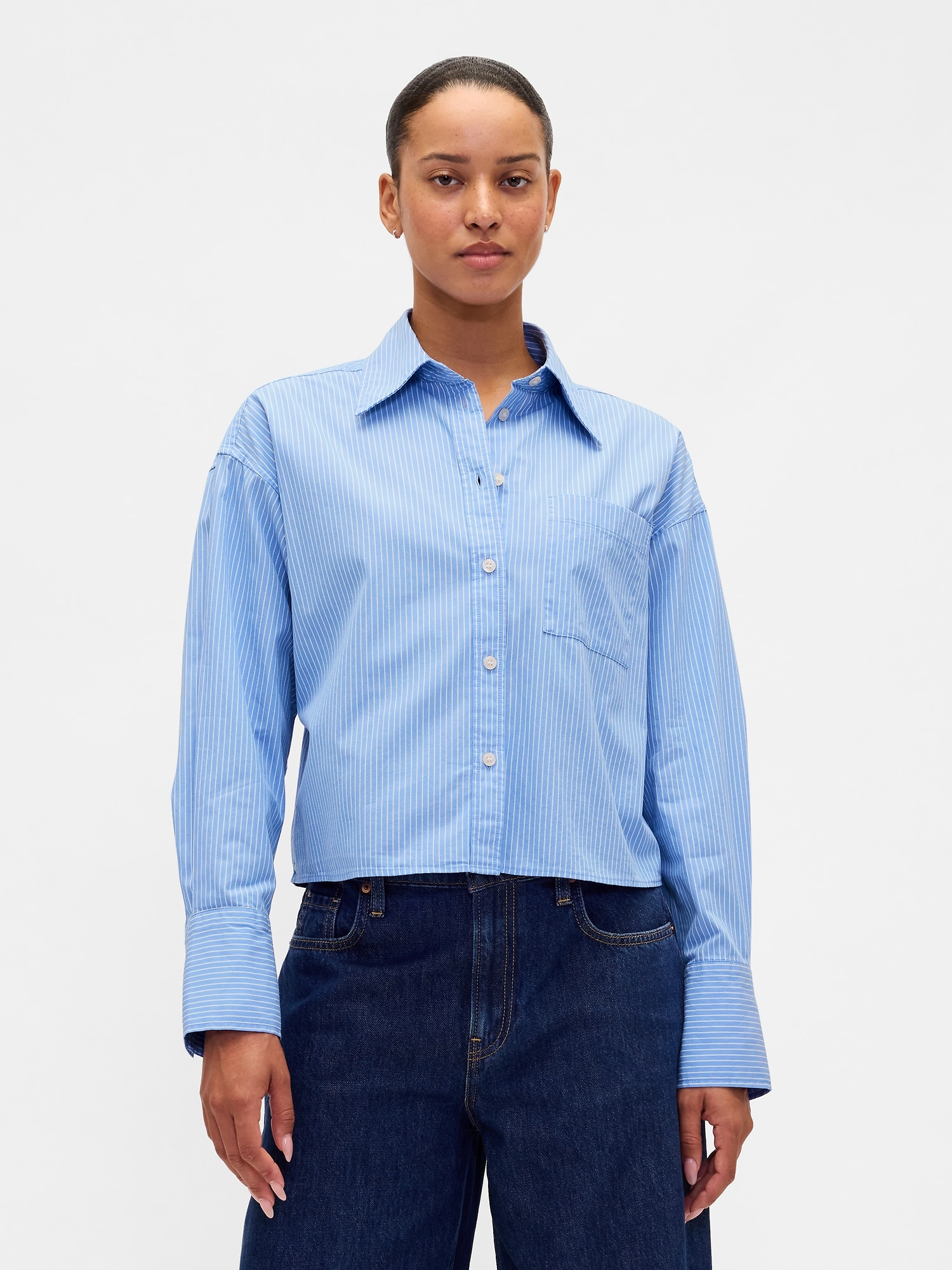 Organic Cotton Straight-Hem Crop Shirt - Blue & White Stripe