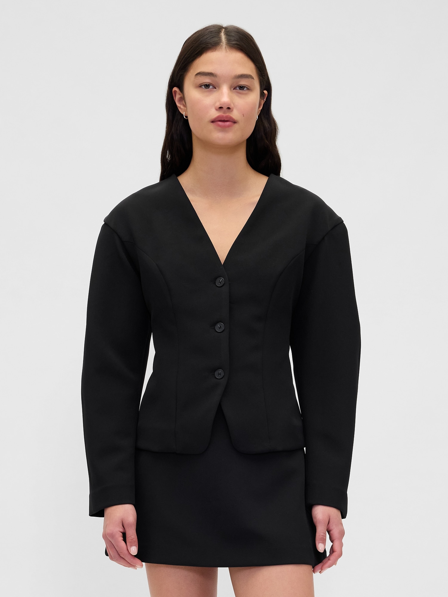 BiStretch Structured Button-Front Top - True Black