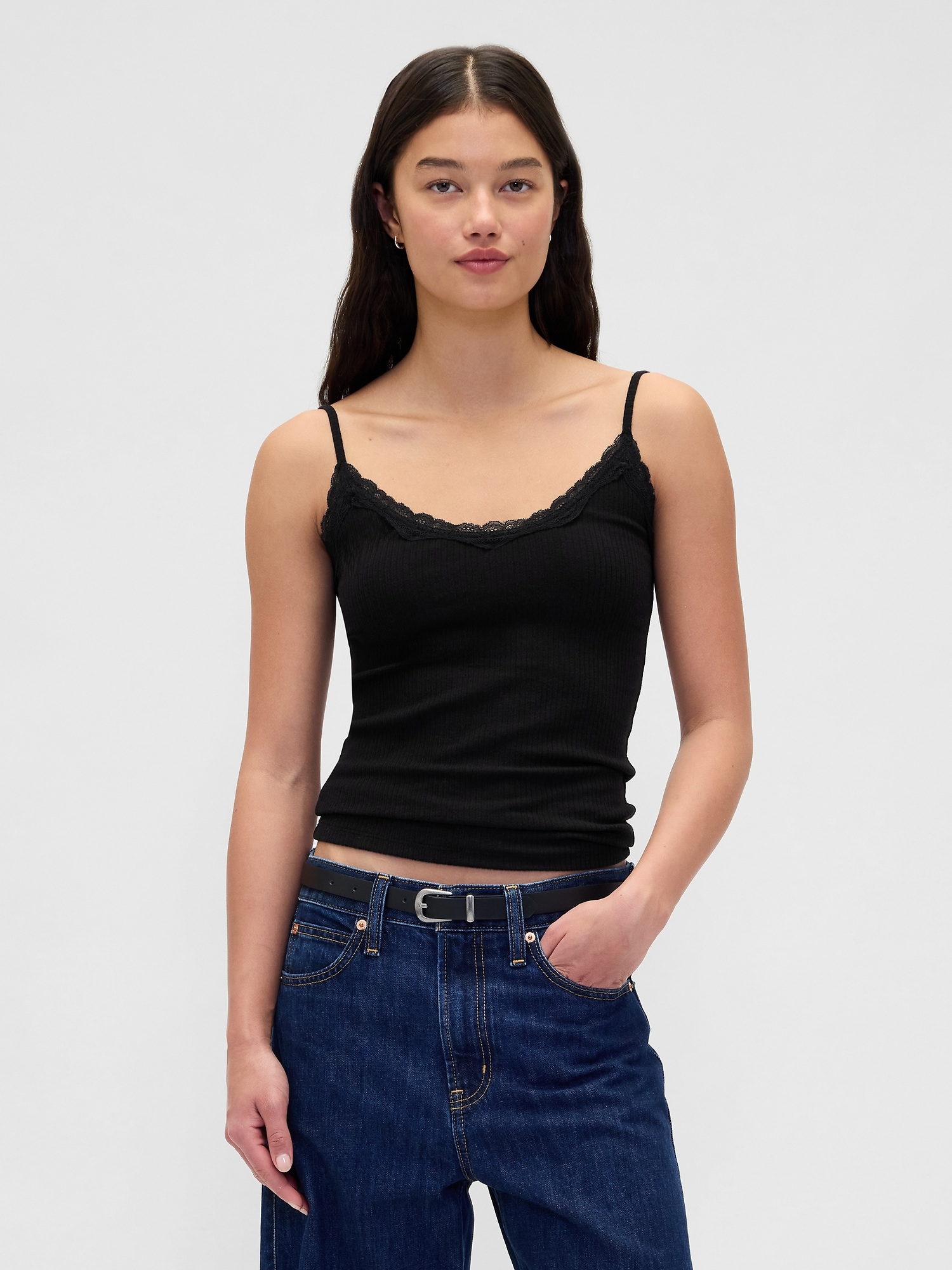 Lace-Trim Pointelle Cami - Black