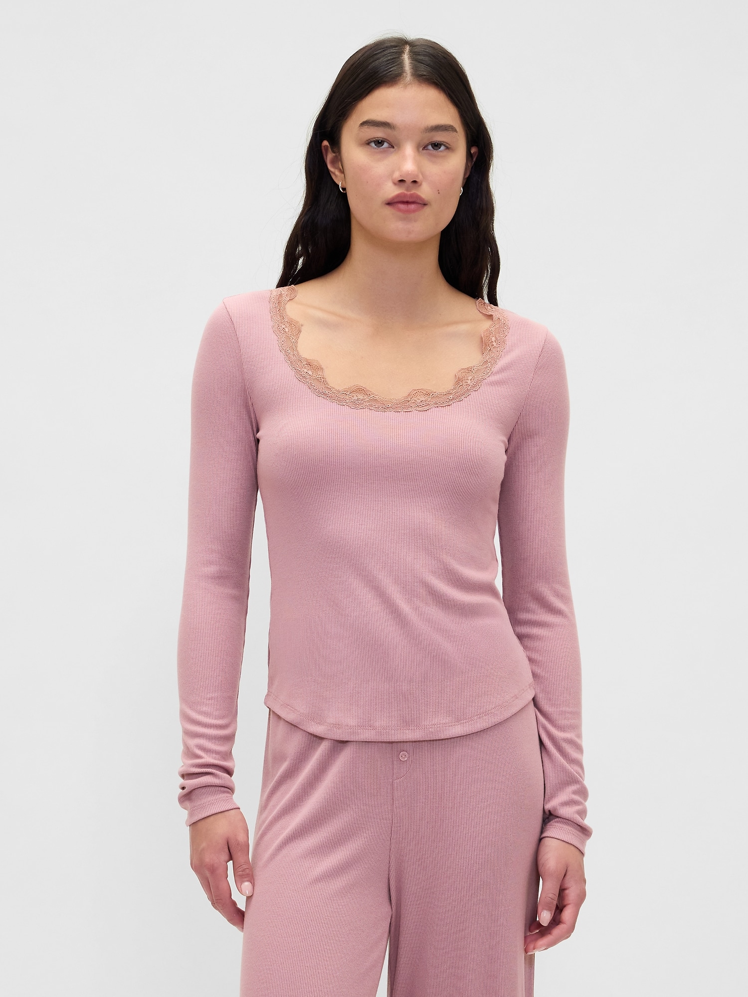 Mini Rib Lace-Trim PJ Top - Wispy Pink Mauve