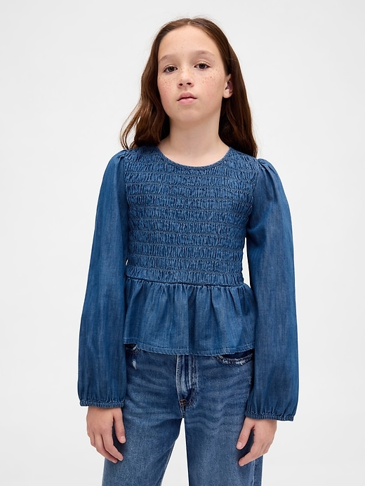 Image number 1 showing, Kids Denim Smocked Peplum Top