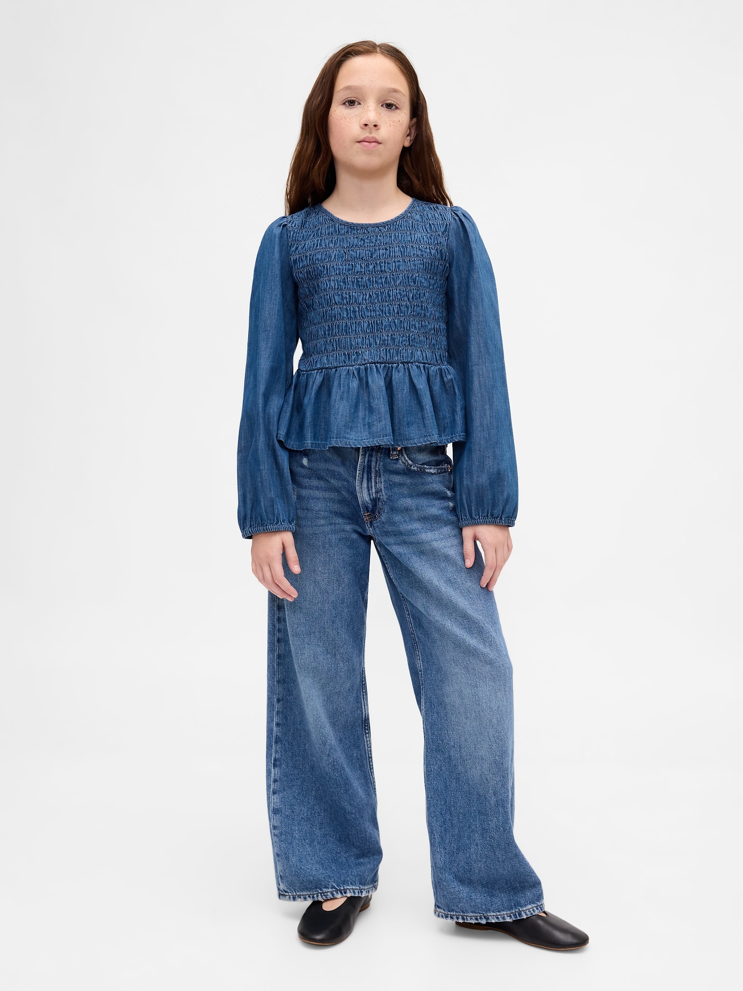 Kids Denim Smocked Peplum Top
