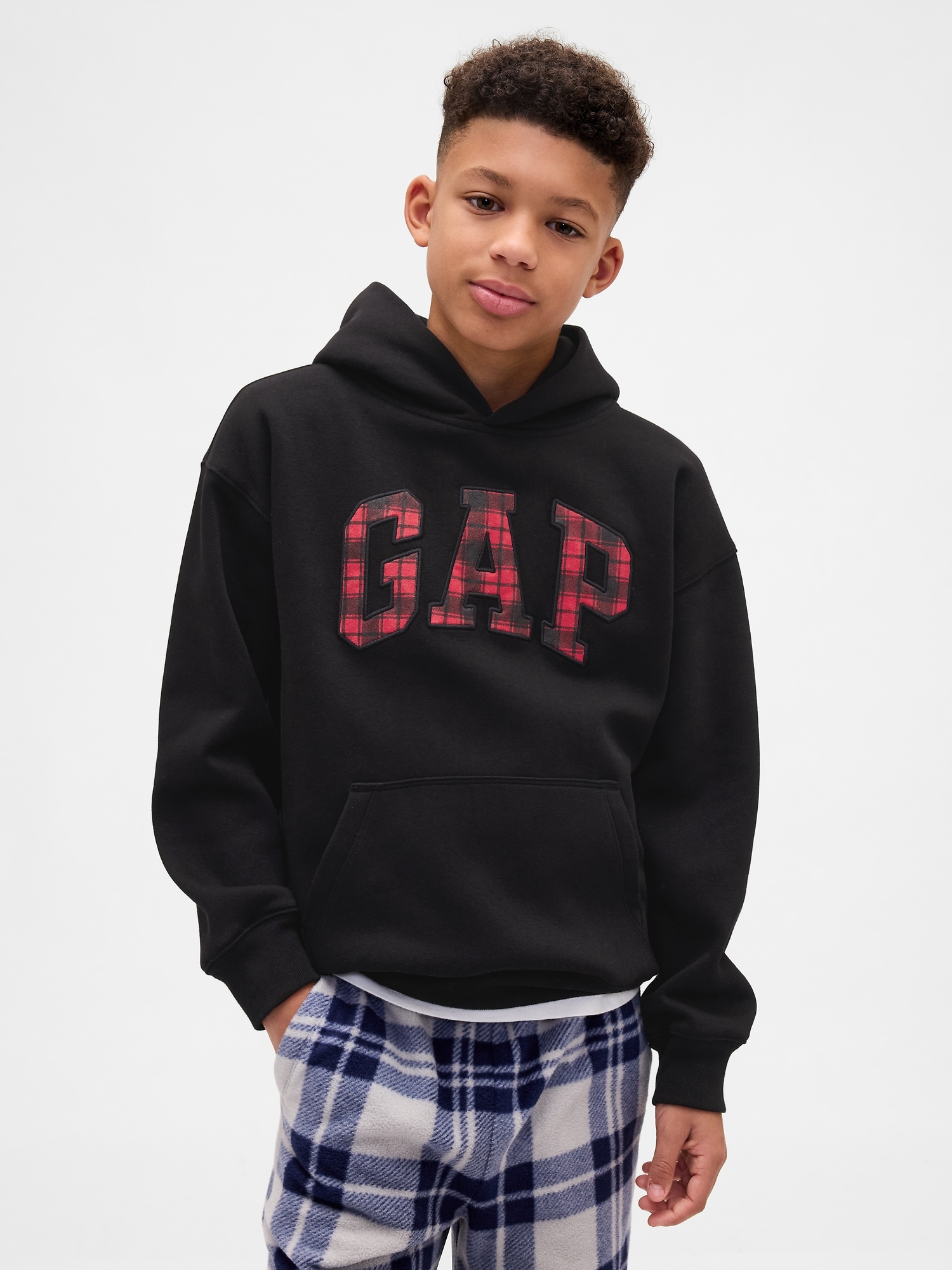 Kids VintageSoft Relaxed Plaid Logo Hoodie - Black