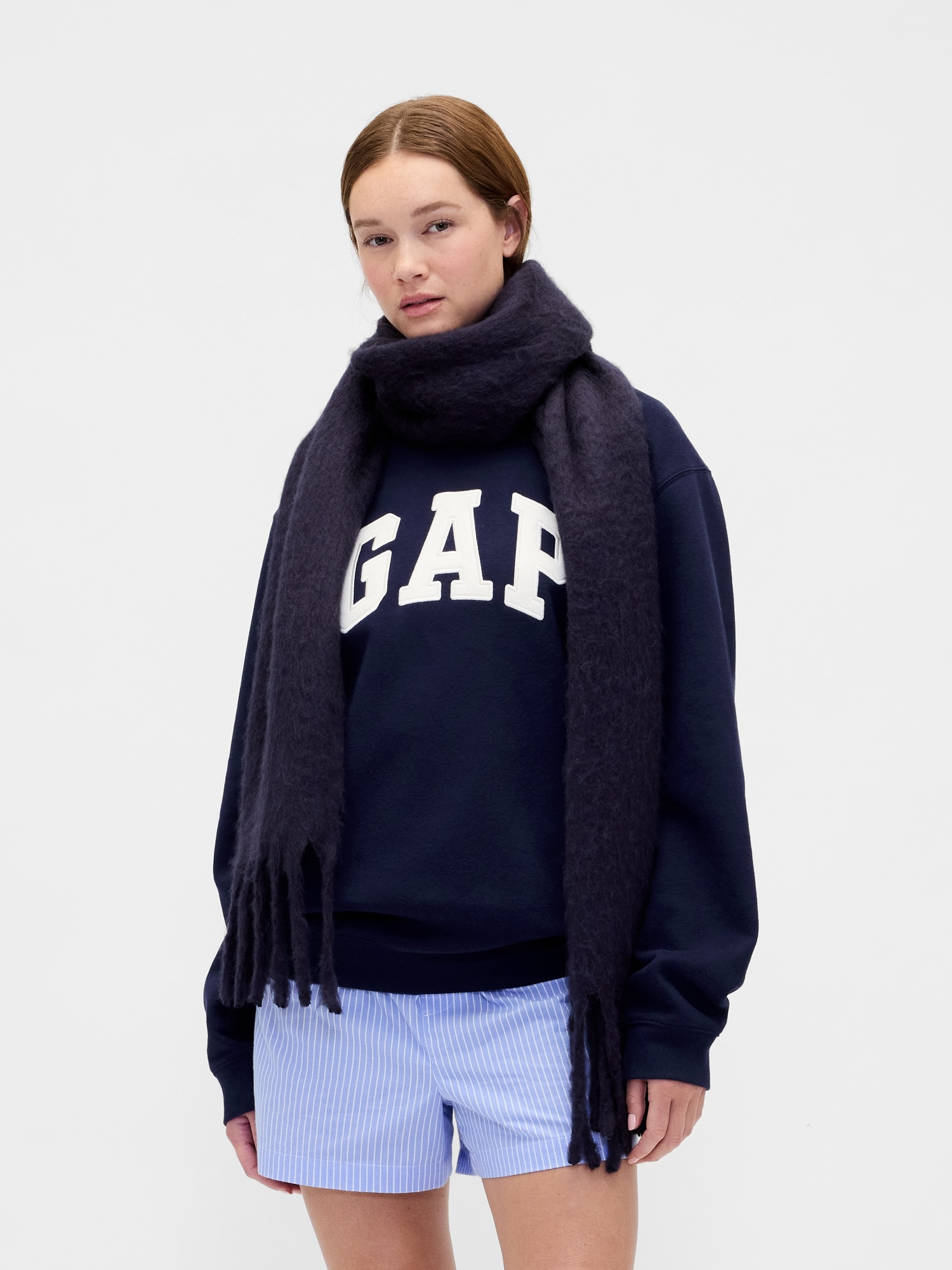 Brushed Fringe Scarf - Navy Blue