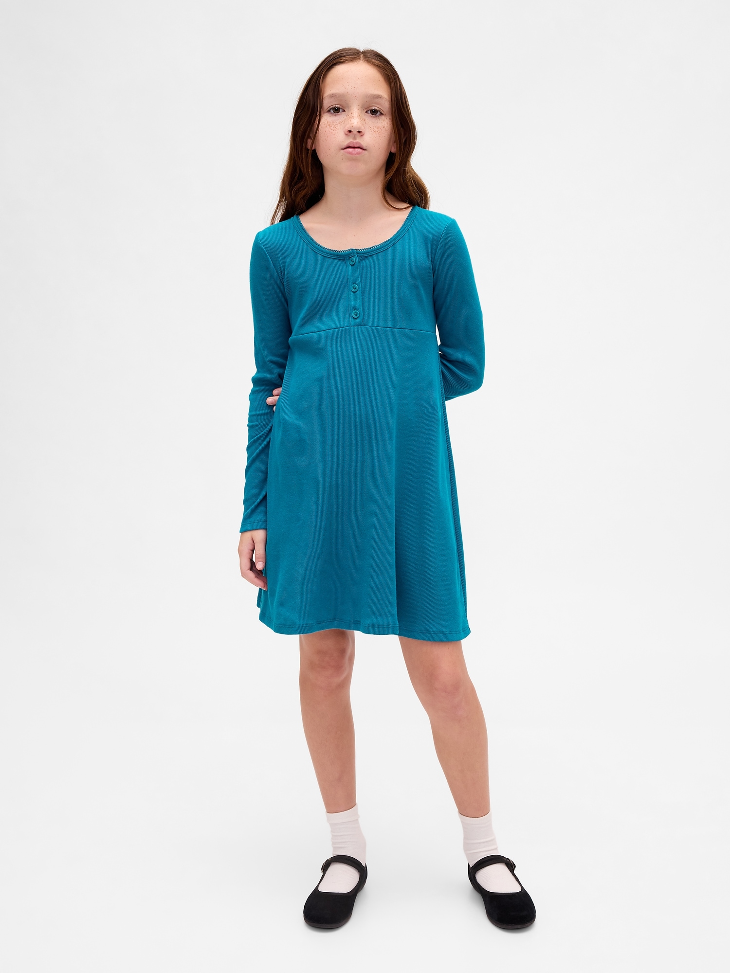 Kids Rib Henley Dress - Deep Water Teal