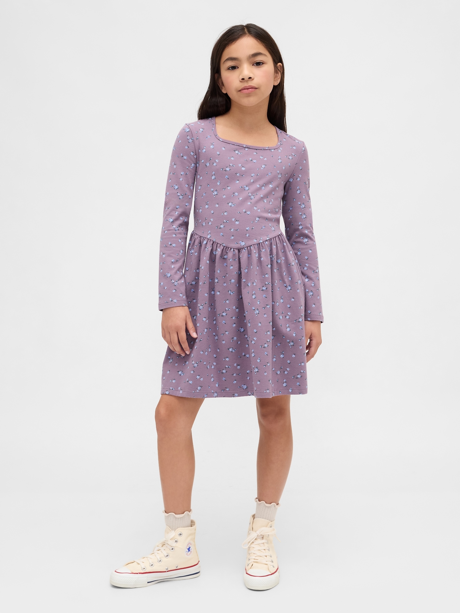 Kids Jersey Square-Neck Dress - Purple Floral