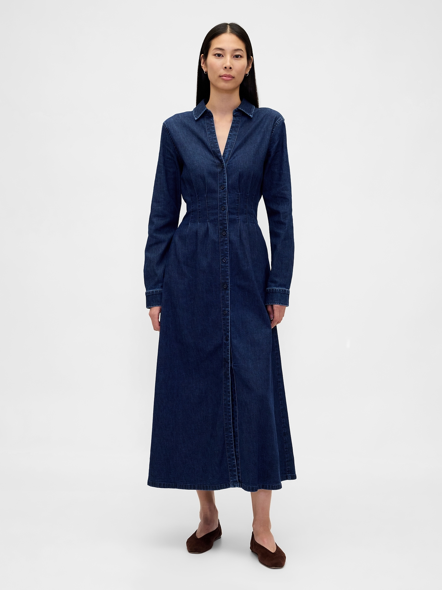 Denim Pintuck Button-Front Maxi Dress