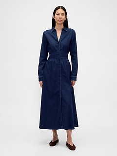 Denim Pintuck Button-Front Maxi Dress