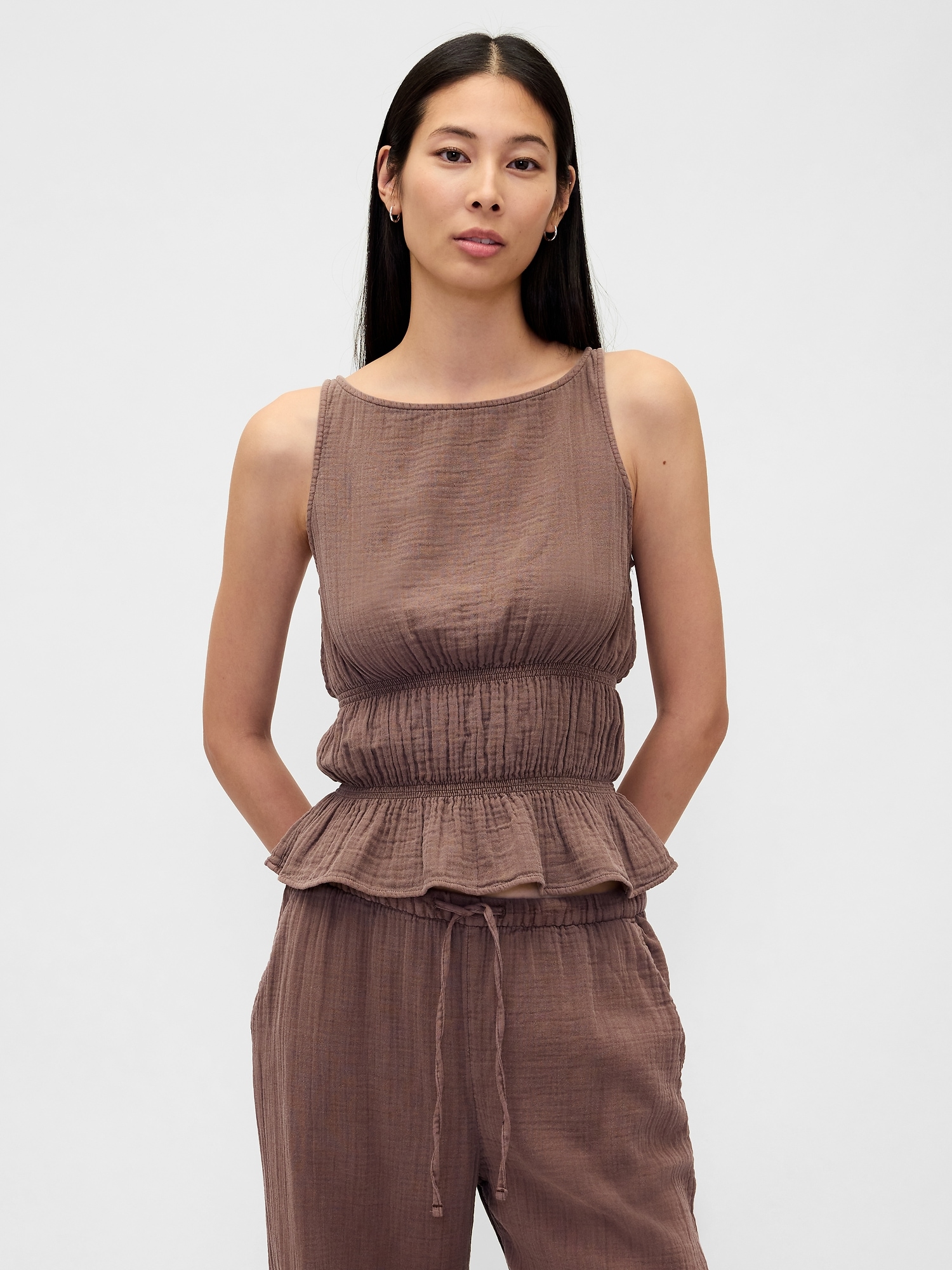 Gap Cotton Gauze Smocked-waist Peplum Top In Brown