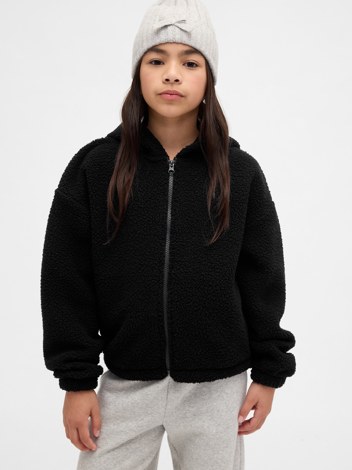 Kids Sherpa Relaxed Zip Hoodie - True Black