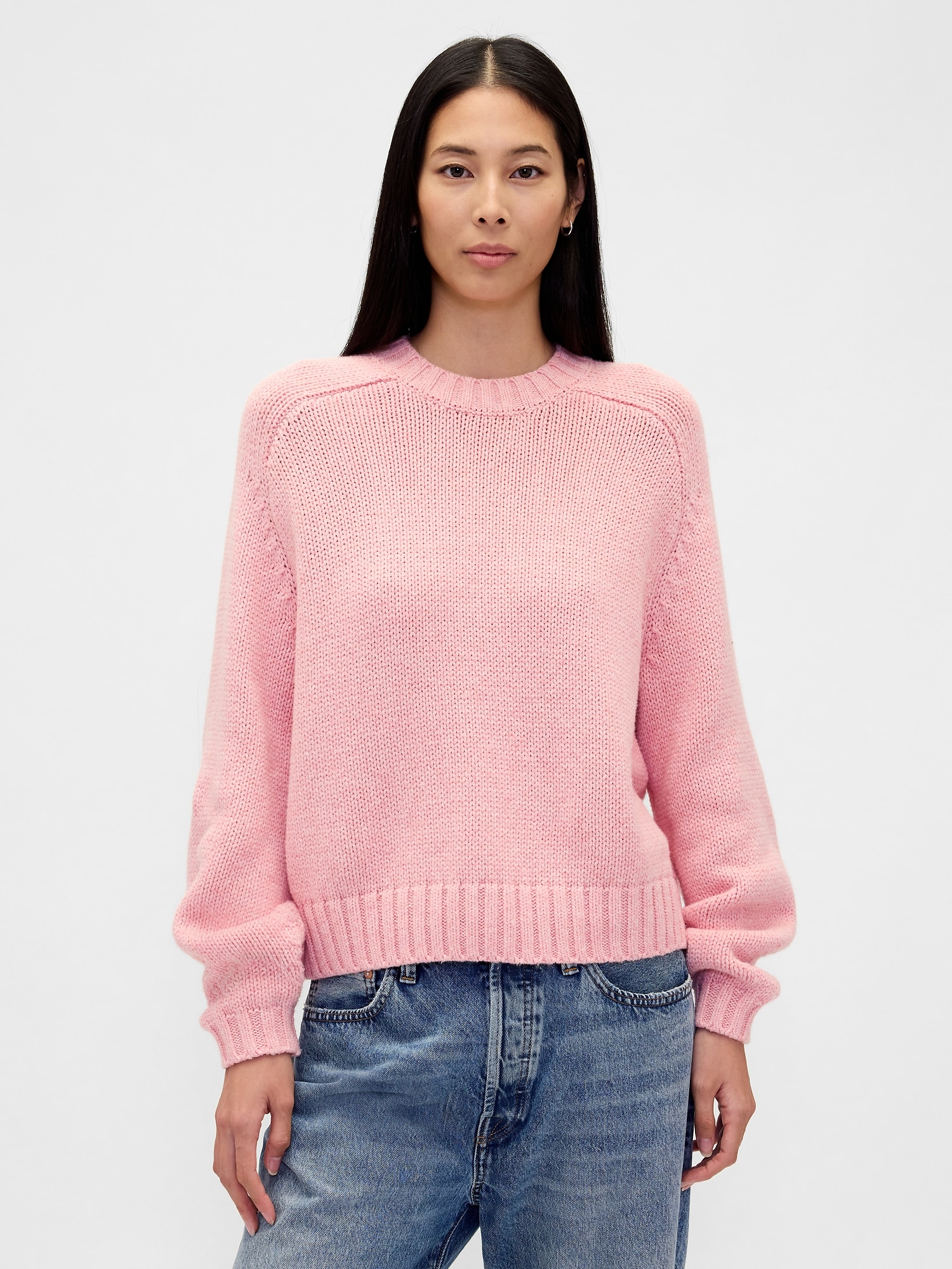 Relaxed Saddle-Sleeve Crewneck Sweater - Blush Pink