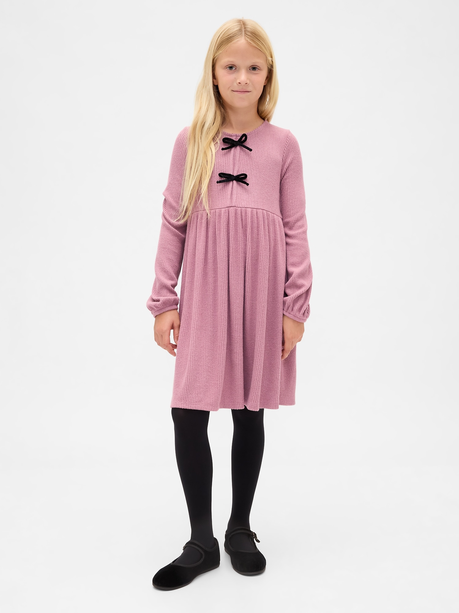 Kids Softspun Rib Bow-Front Dress - Wispy Mauve Wash