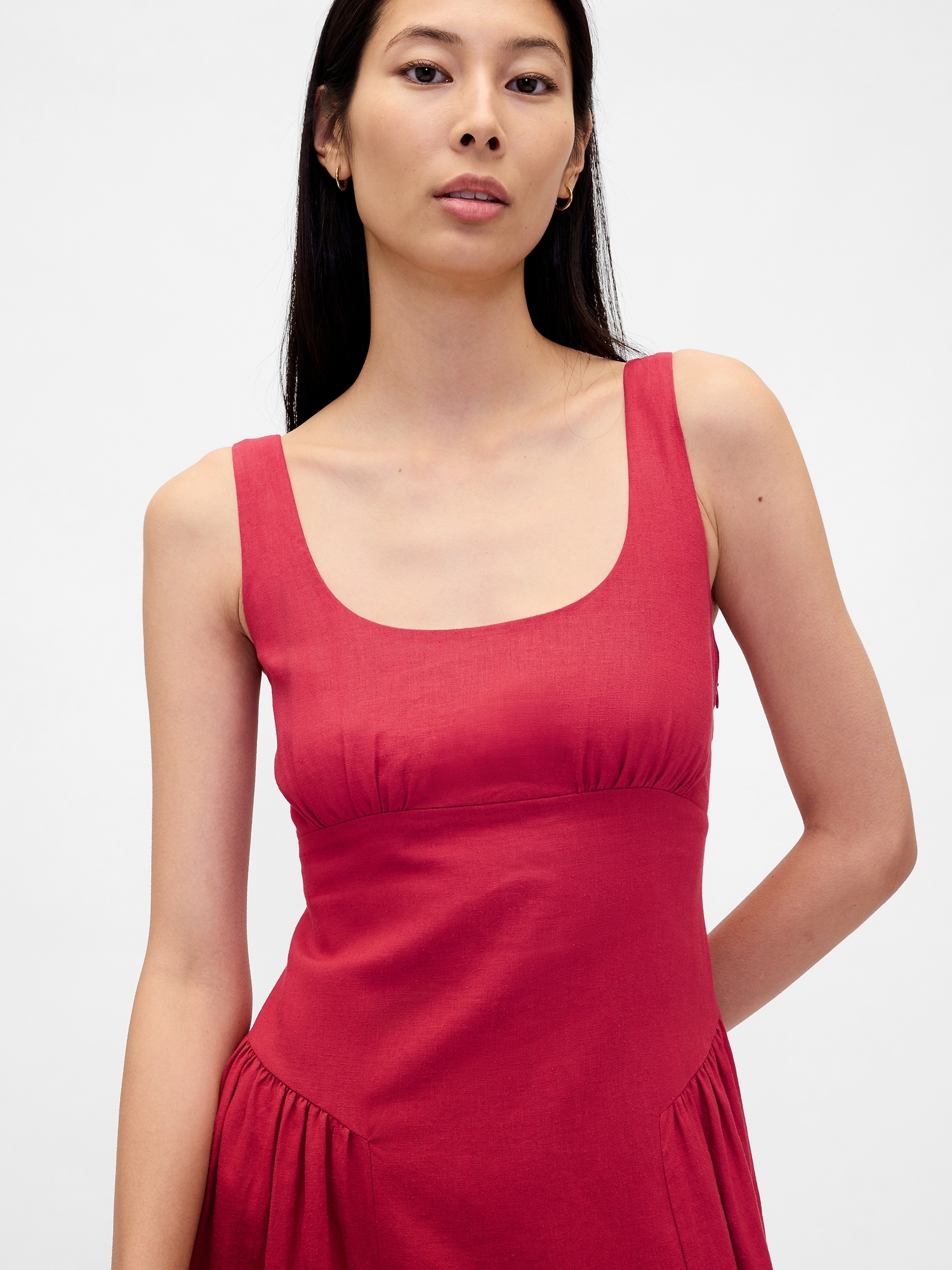 Linen-Blend Shirred Maxi Dress