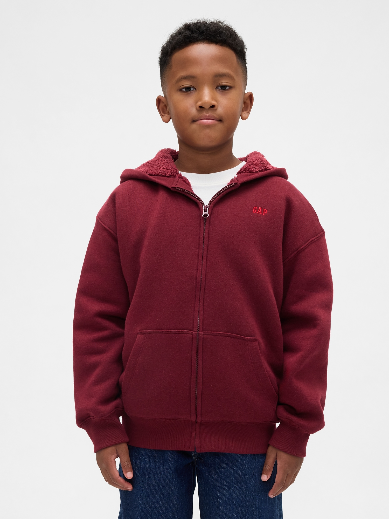 Kids Relaxed Sherpa-Lined Zip Logo Hoodie