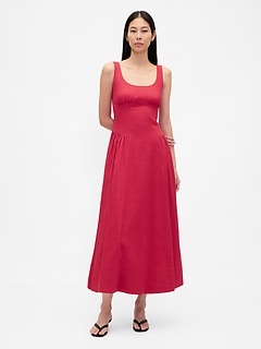 Linen-Blend Shirred Maxi Dress