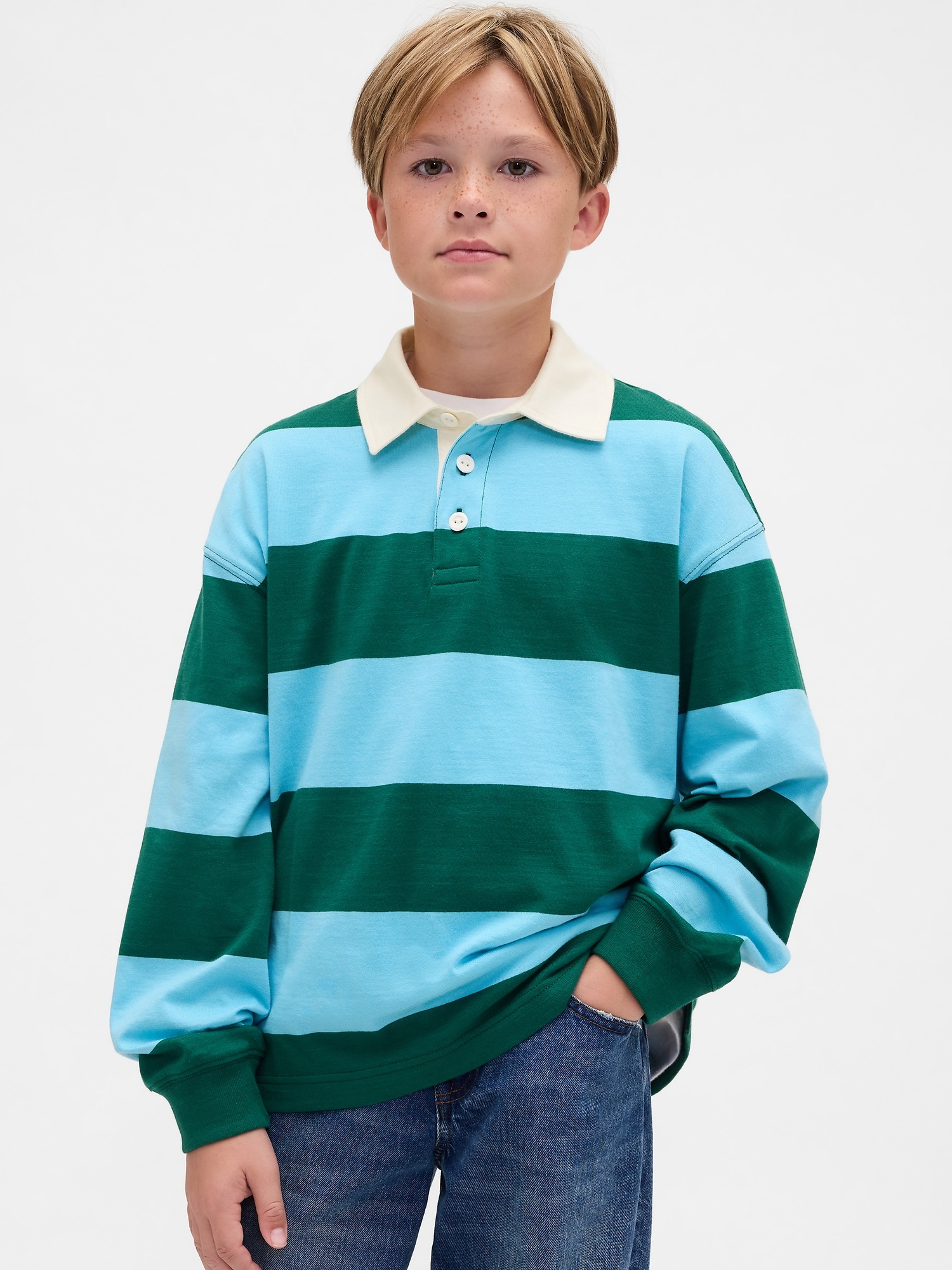 Kids Rugby Stripe Polo Shirt - Blue Green Stripe