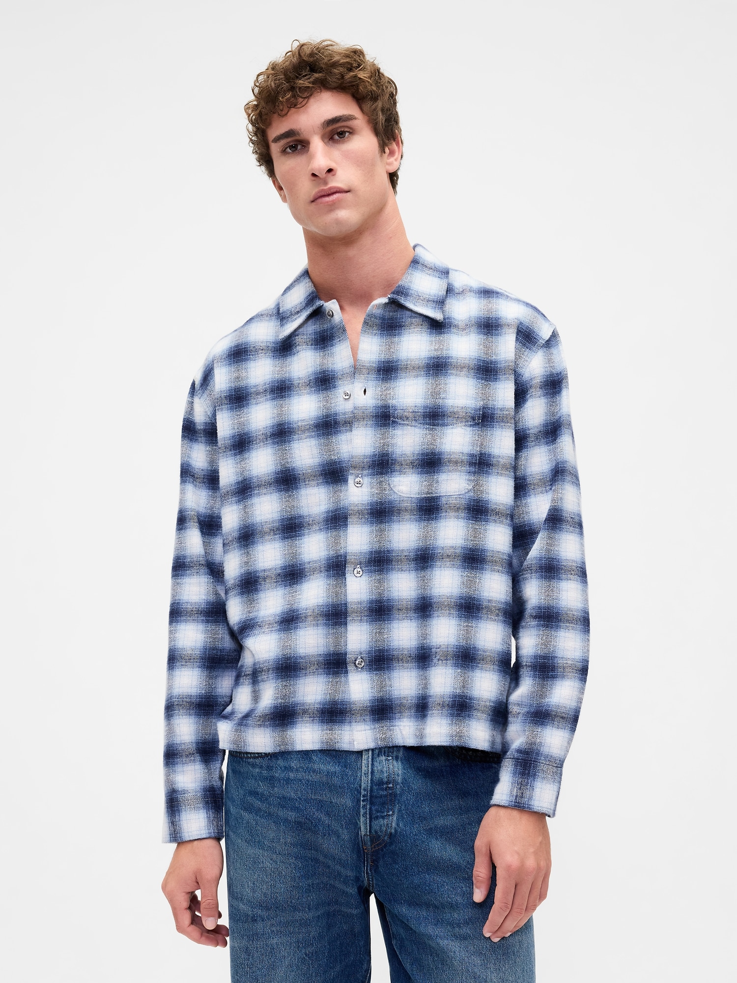 Organic Cotton Relaxed Flannel Shirt - Cropped Light Blue Shadow