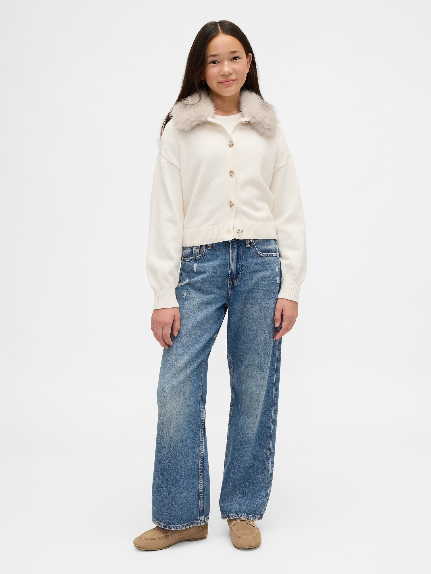 Kids Faux Fur-Collar Cardigan Sweater