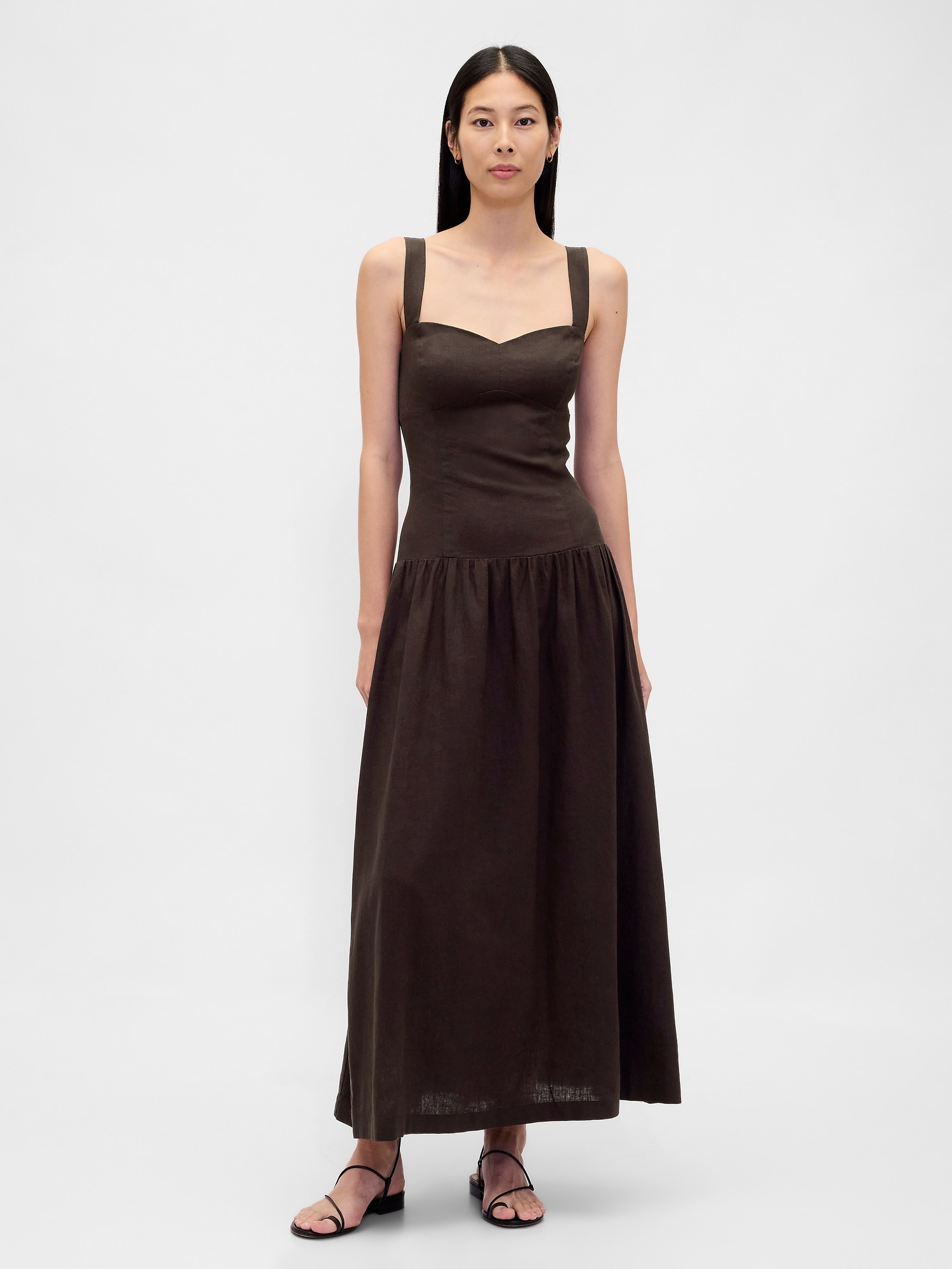 Gap Linen-blend Drop-waist Corset Maxi Dress In Brown