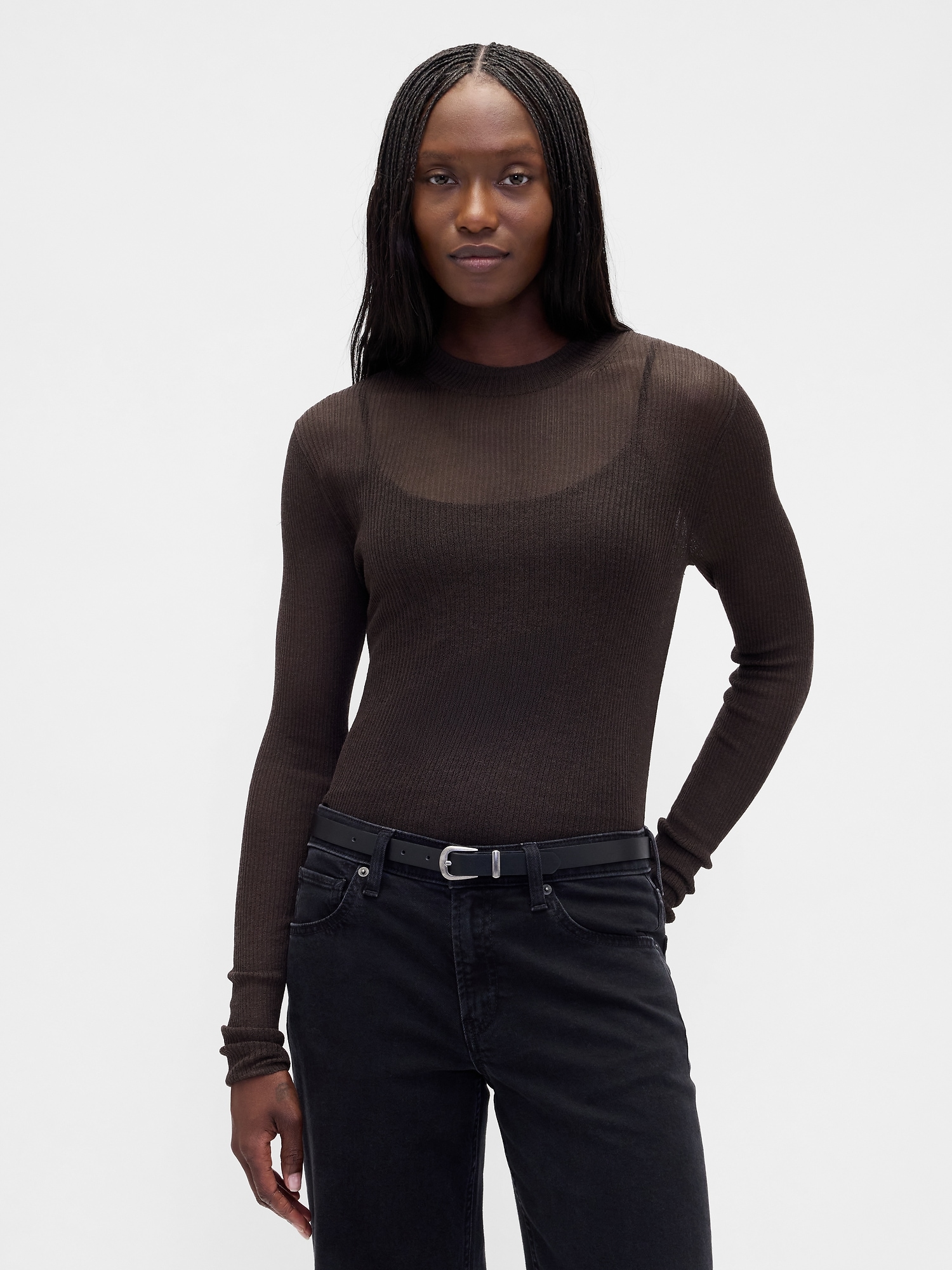 High-Neck Sheer Sweater - Terra Brown